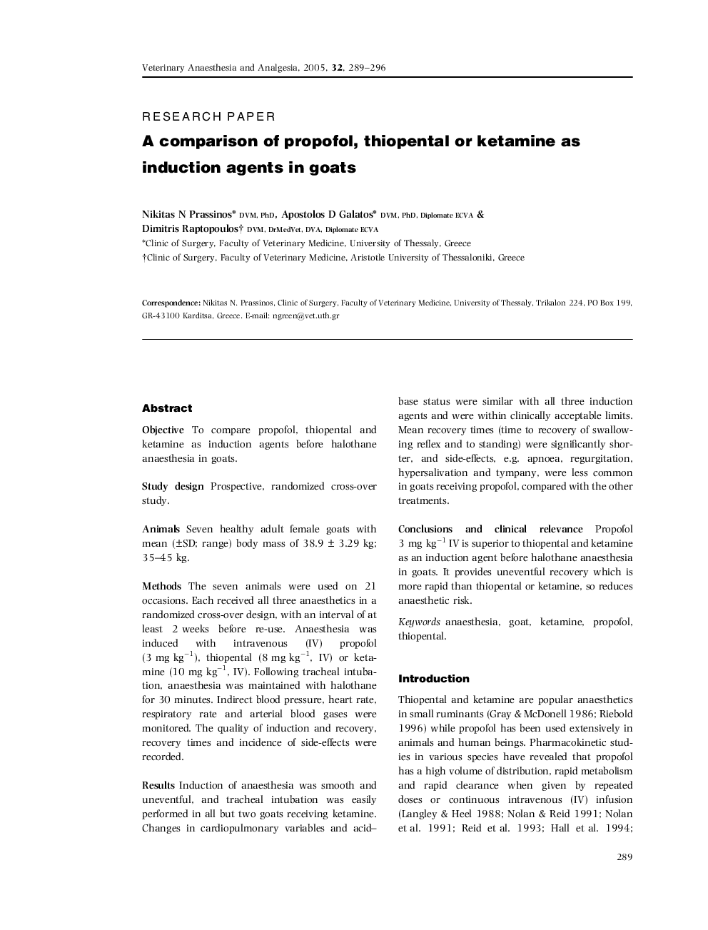 A comparison of propofol, thiopental or ketamine as induction agents in goats