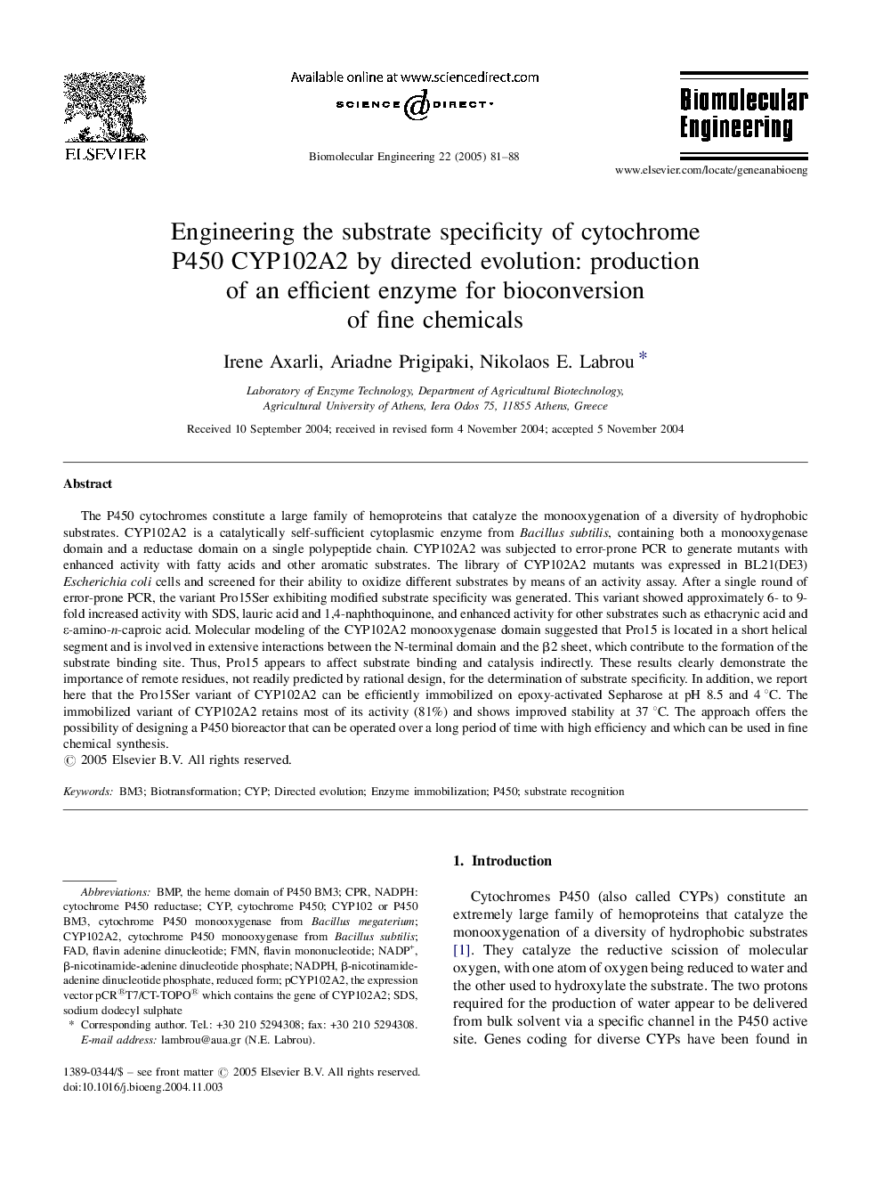 Engineering the substrate specificity of cytochrome P450 CYP102A2 by directed evolution: production of an efficient enzyme for bioconversion of fine chemicals