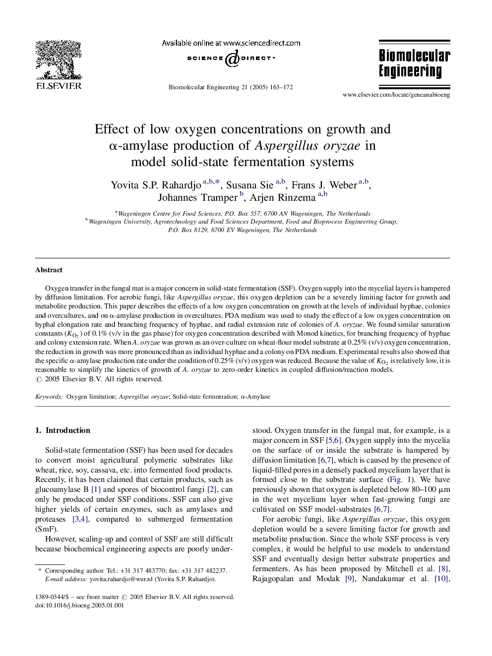 Effect of low oxygen concentrations on growth and Î±-amylase production of Aspergillus oryzae in model solid-state fermentation systems