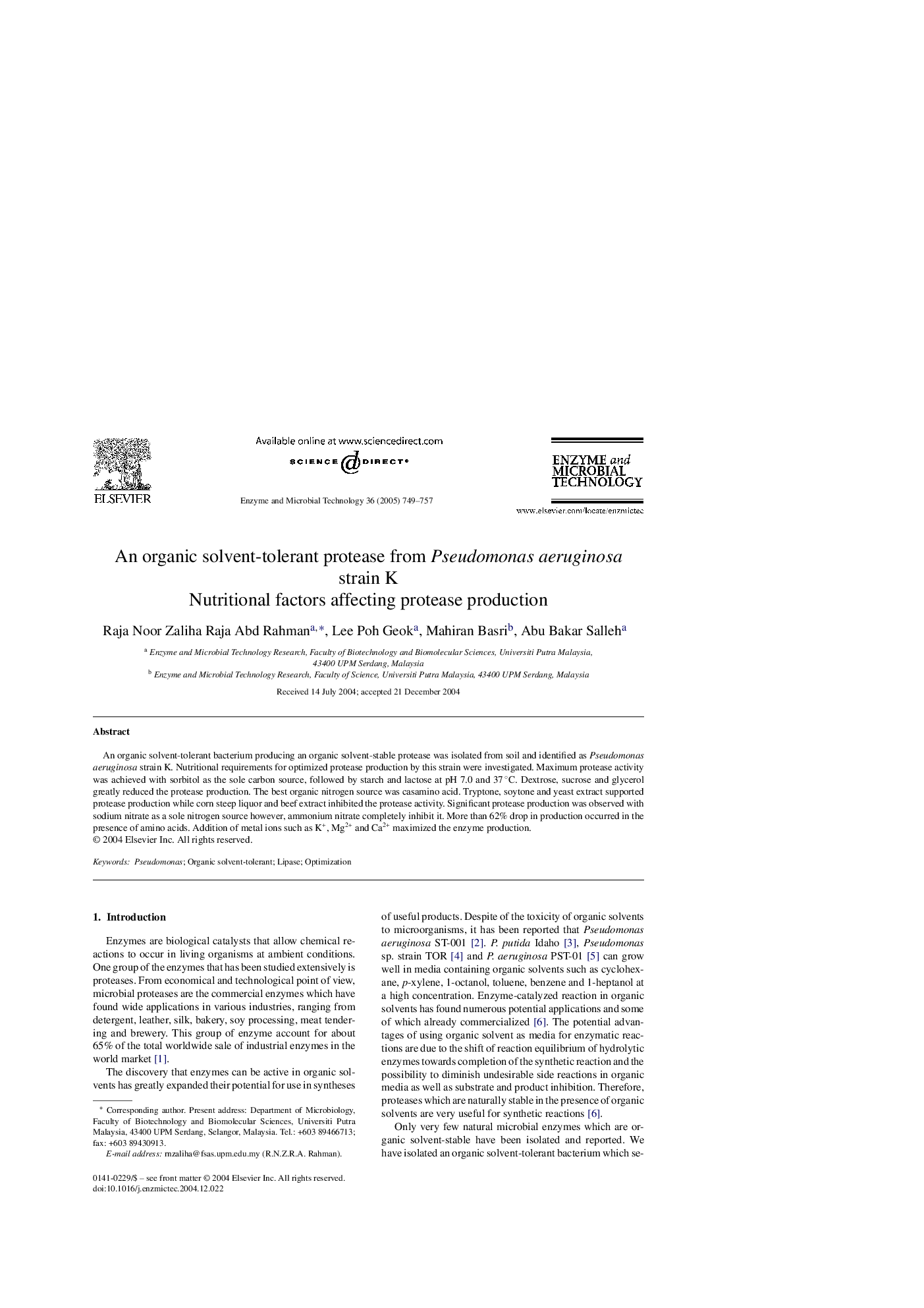 عکس صفحه اول مقاله: An organic solvent-tolerant protease from Pseudomonas aeruginosa strain K An organic solvent-tolerant protease from Pseudomonas aeruginosa strain K