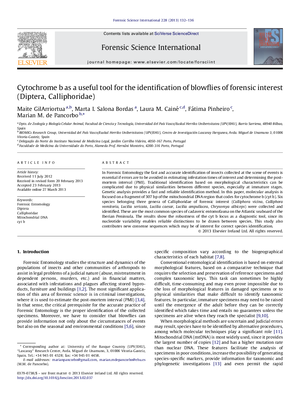 Cytochrome b as a useful tool for the identification of blowflies of forensic interest (Diptera, Calliphoridae)