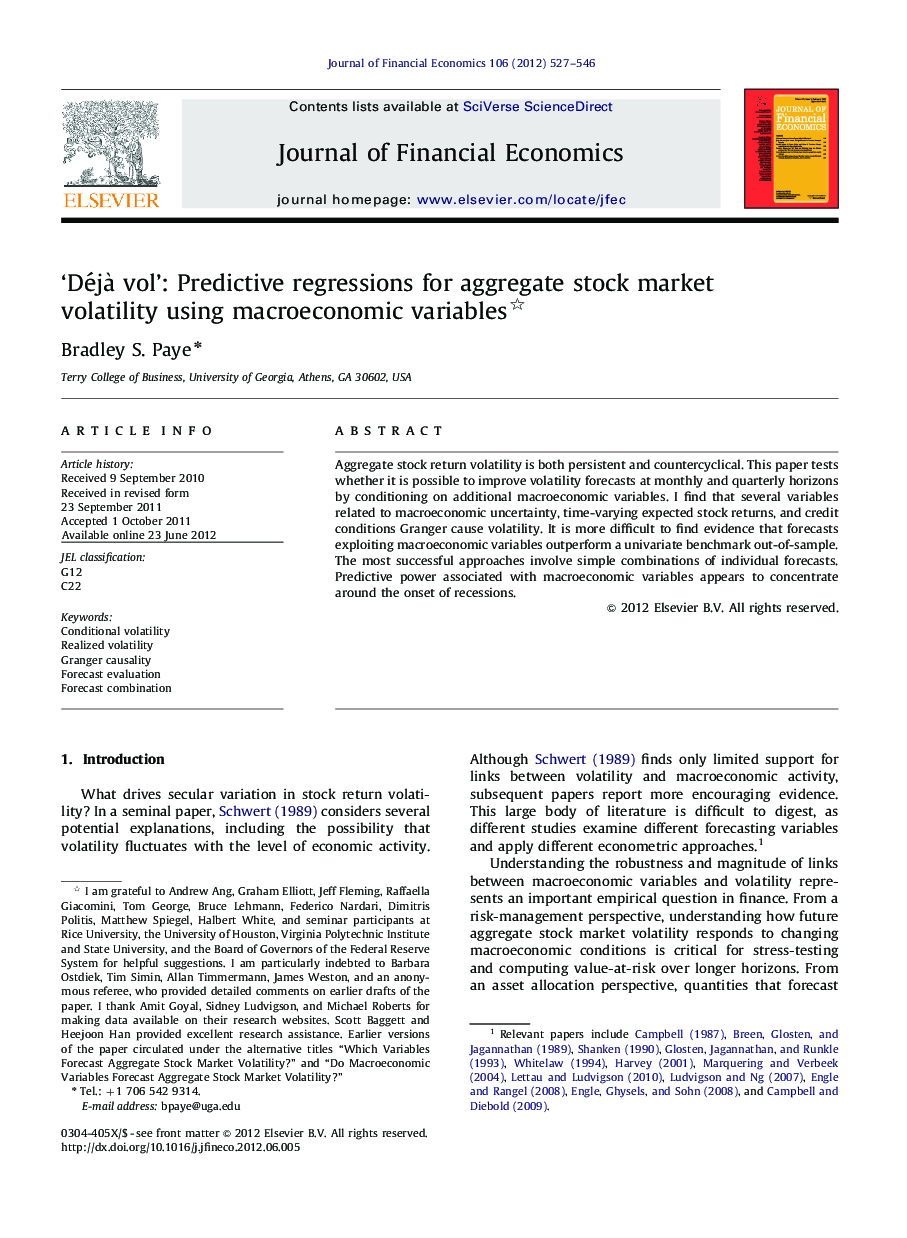 ‘Déjà vol’: Predictive regressions for aggregate stock market volatility using macroeconomic variables 