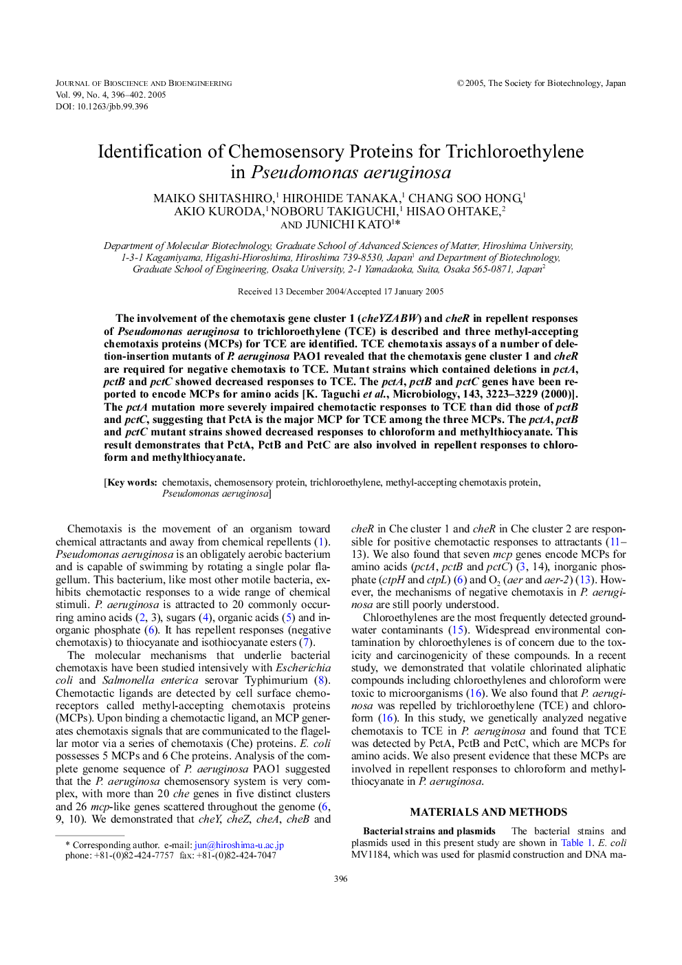 Identification of chemosensory proteins for trichloroethylene in Pseudomonas aeruginosa