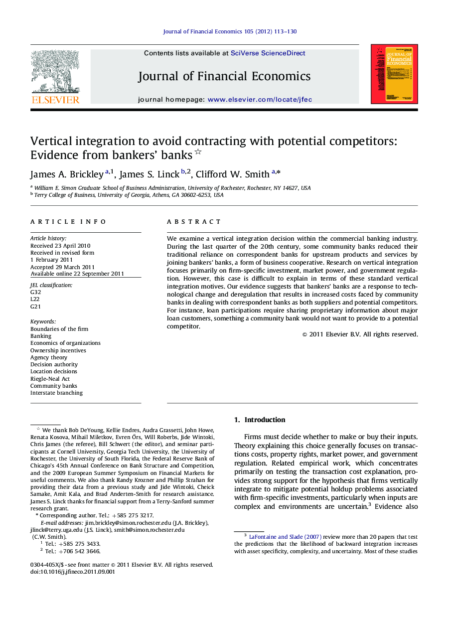 Vertical integration to avoid contracting with potential competitors: Evidence from bankers' banks 