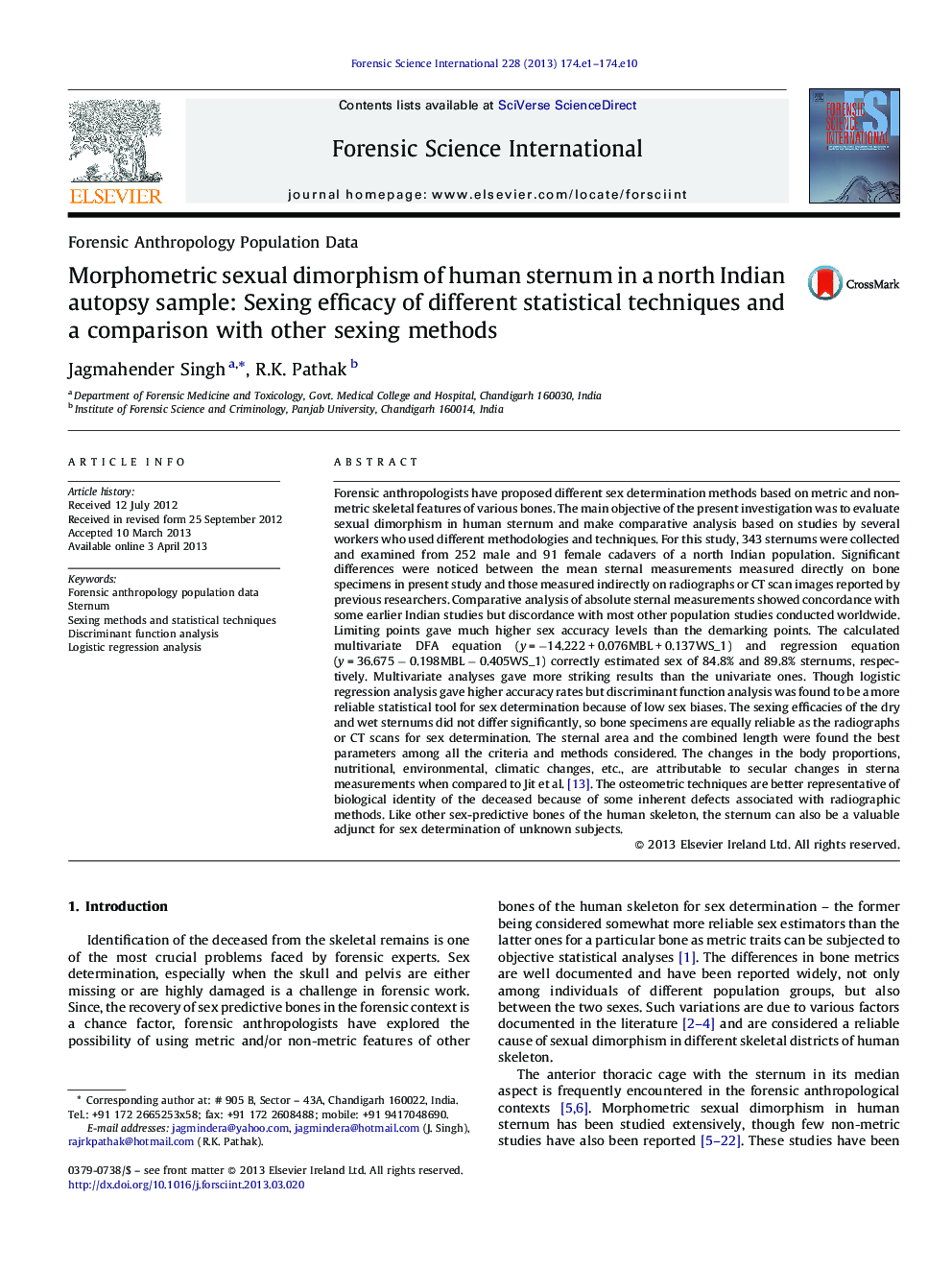 Morphometric sexual dimorphism of human sternum in a north Indian autopsy sample: Sexing efficacy of different statistical techniques and a comparison with other sexing methods