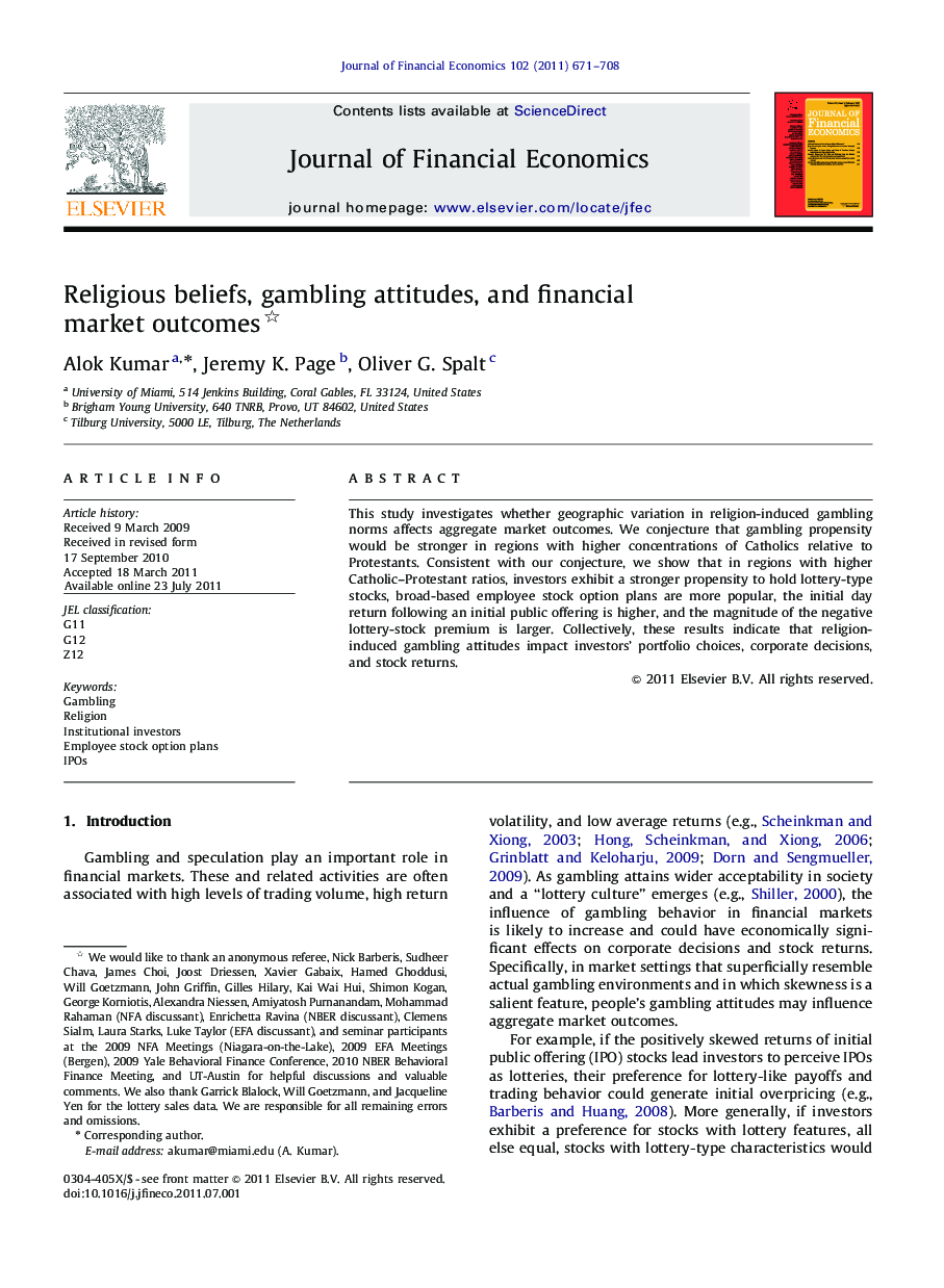 Religious beliefs, gambling attitudes, and financial market outcomes 