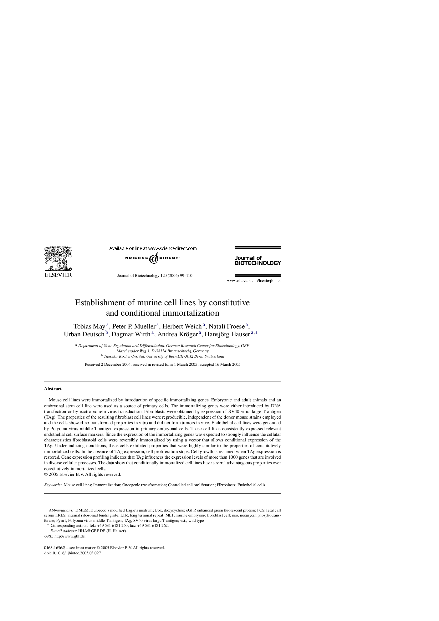 عکس صفحه اول مقاله: Establishment of murine cell lines by constitutive and conditional immortalization Establishment of murine cell lines by constitutive and conditional immortalization