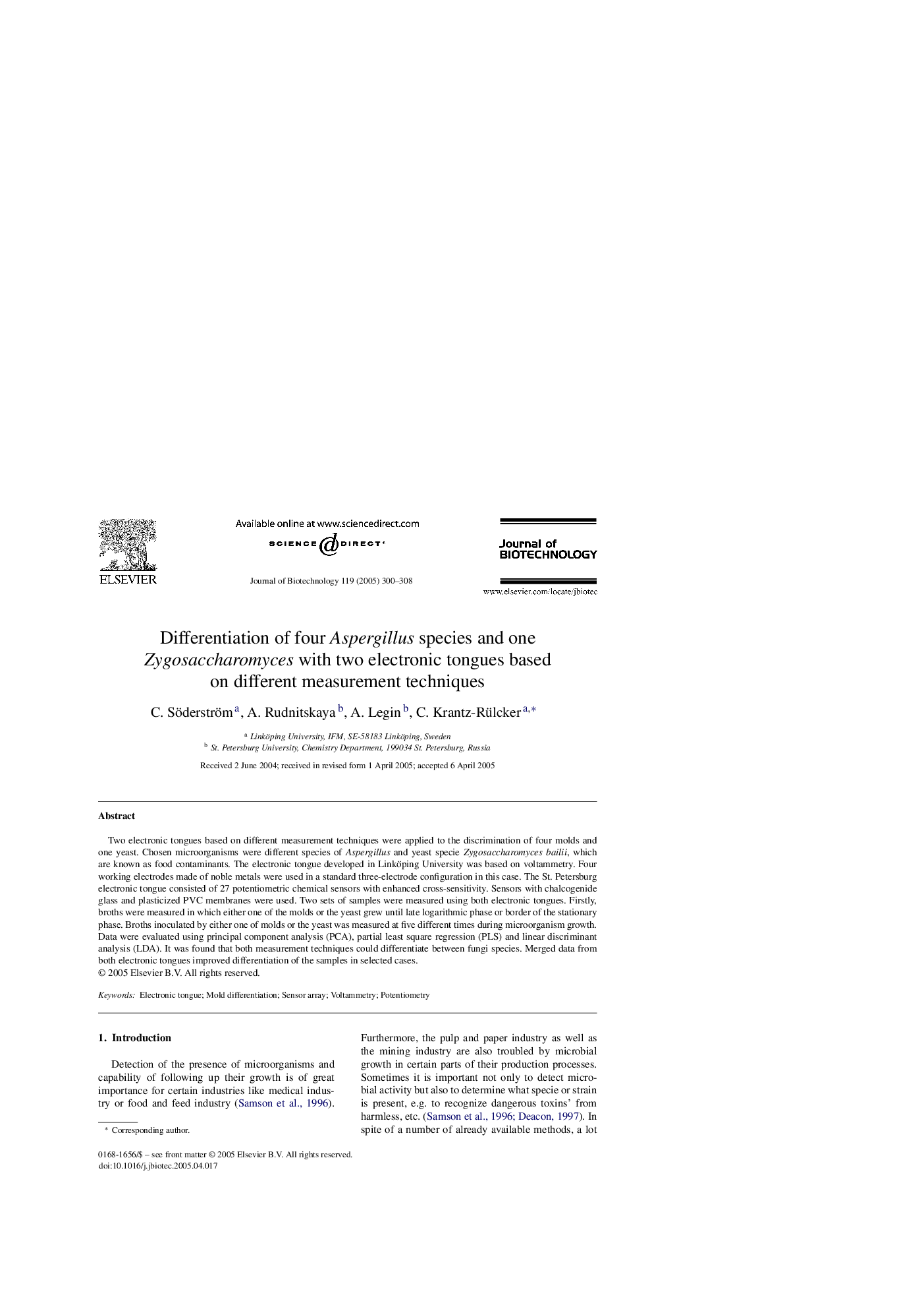 Differentiation of four Aspergillus species and one Zygosaccharomyces with two electronic tongues based on different measurement techniques