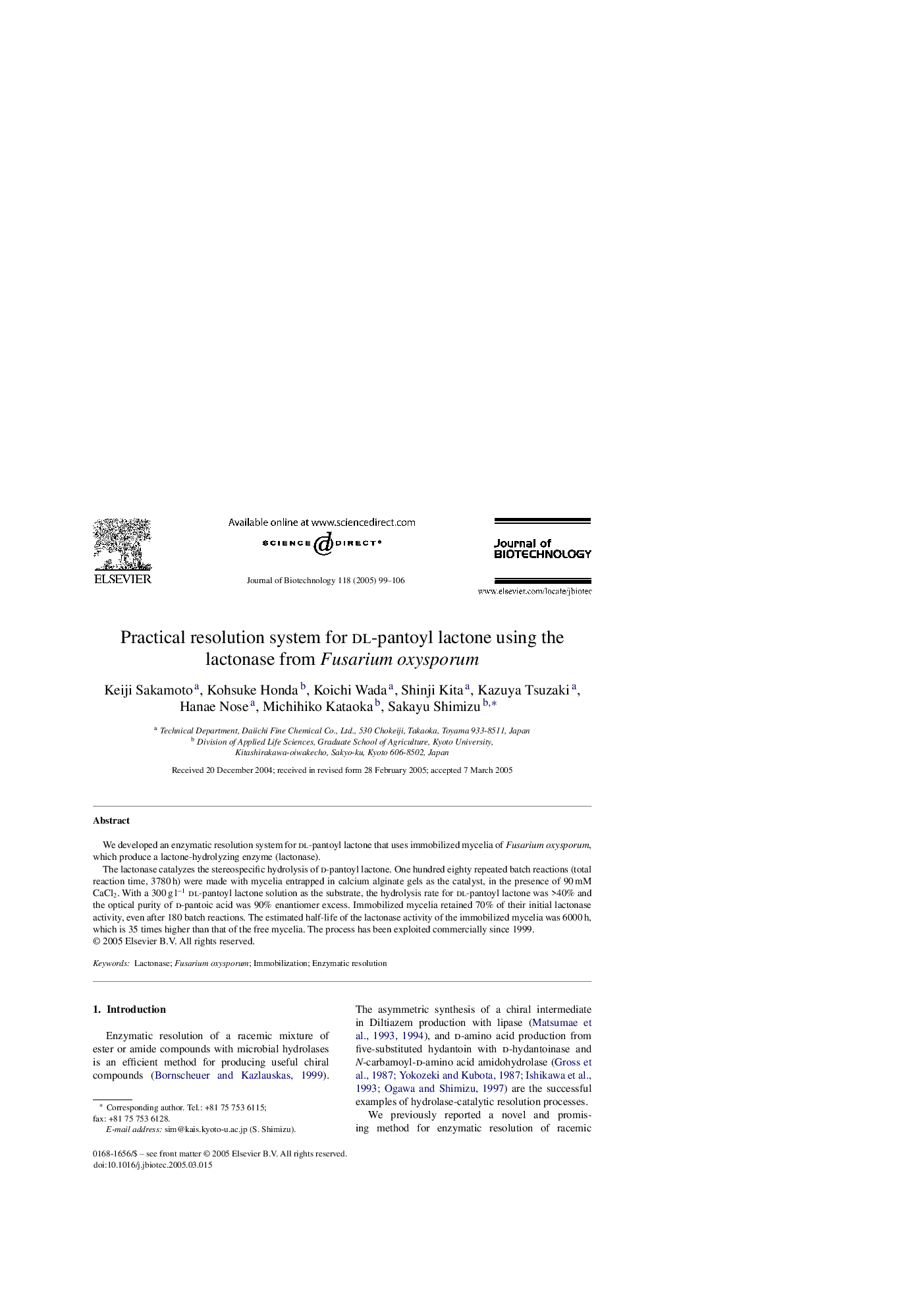 Practical resolution system for dl-pantoyl lactone using the lactonase from Fusarium oxysporum