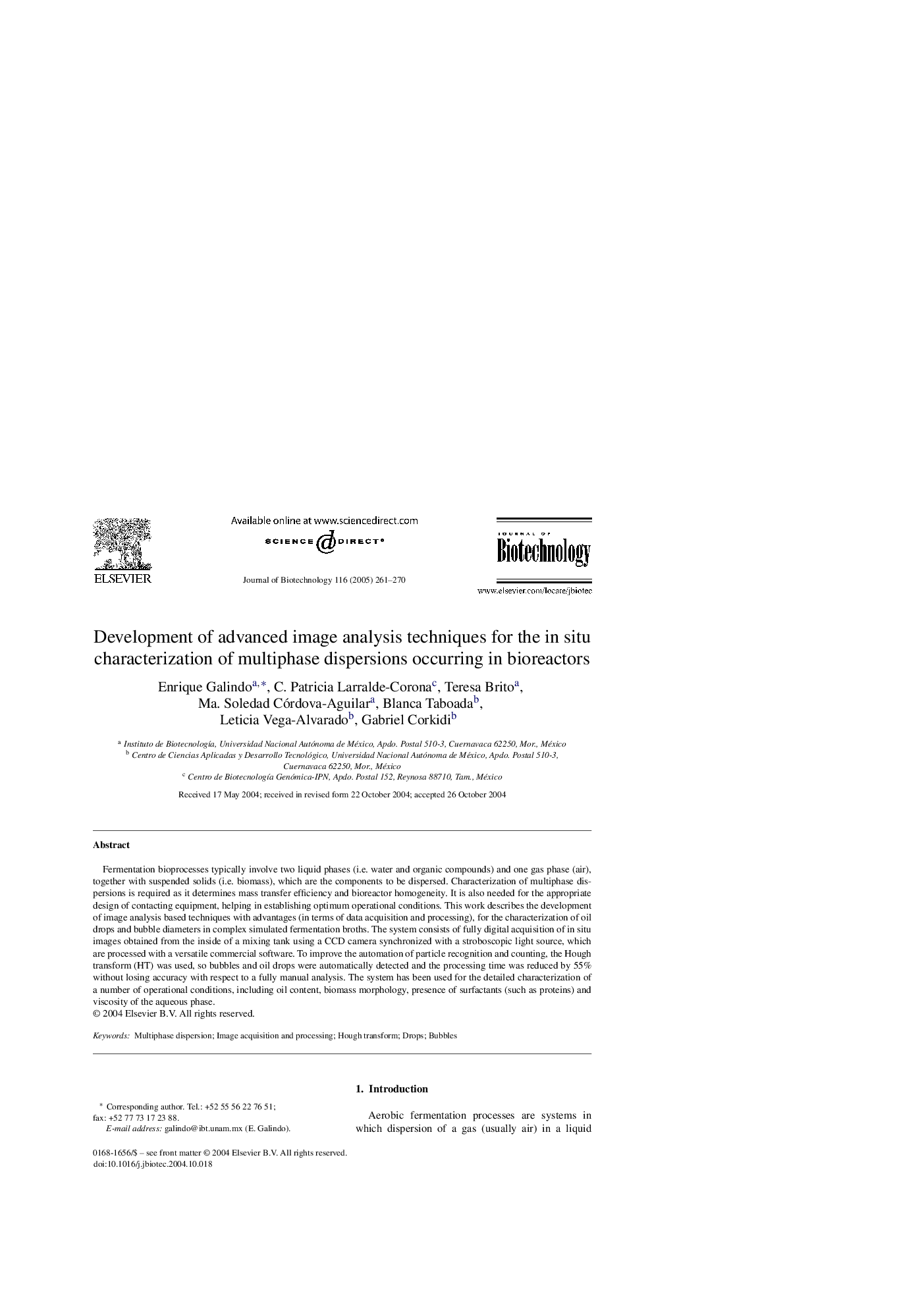 Development of advanced image analysis techniques for the in situ characterization of multiphase dispersions occurring in bioreactors