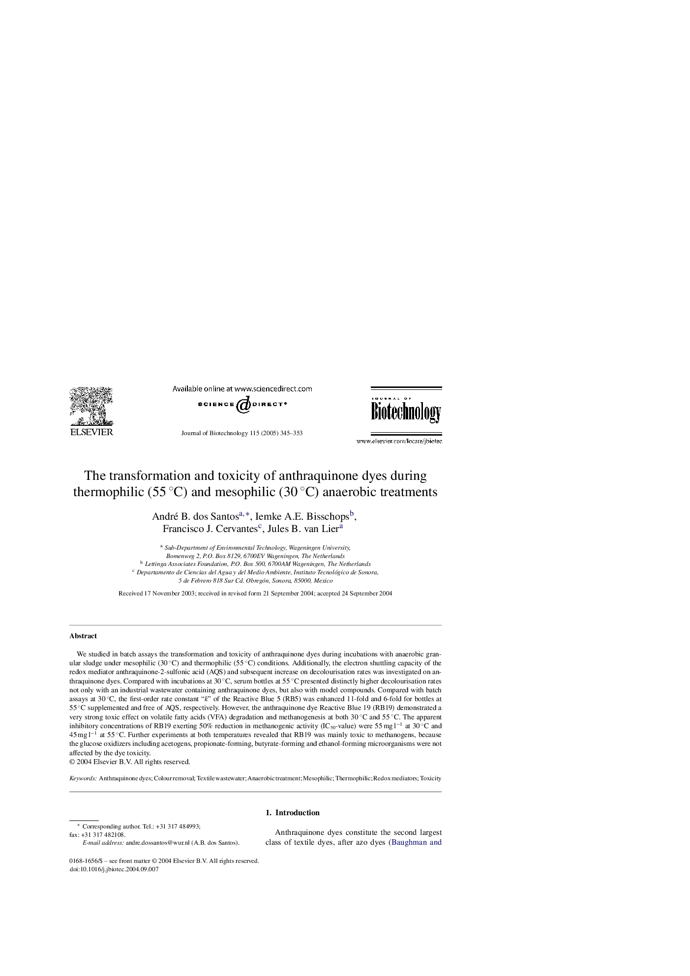 The transformation and toxicity of anthraquinone dyes during thermophilic (55Â Â°C) and mesophilic (30Â Â°C) anaerobic treatments