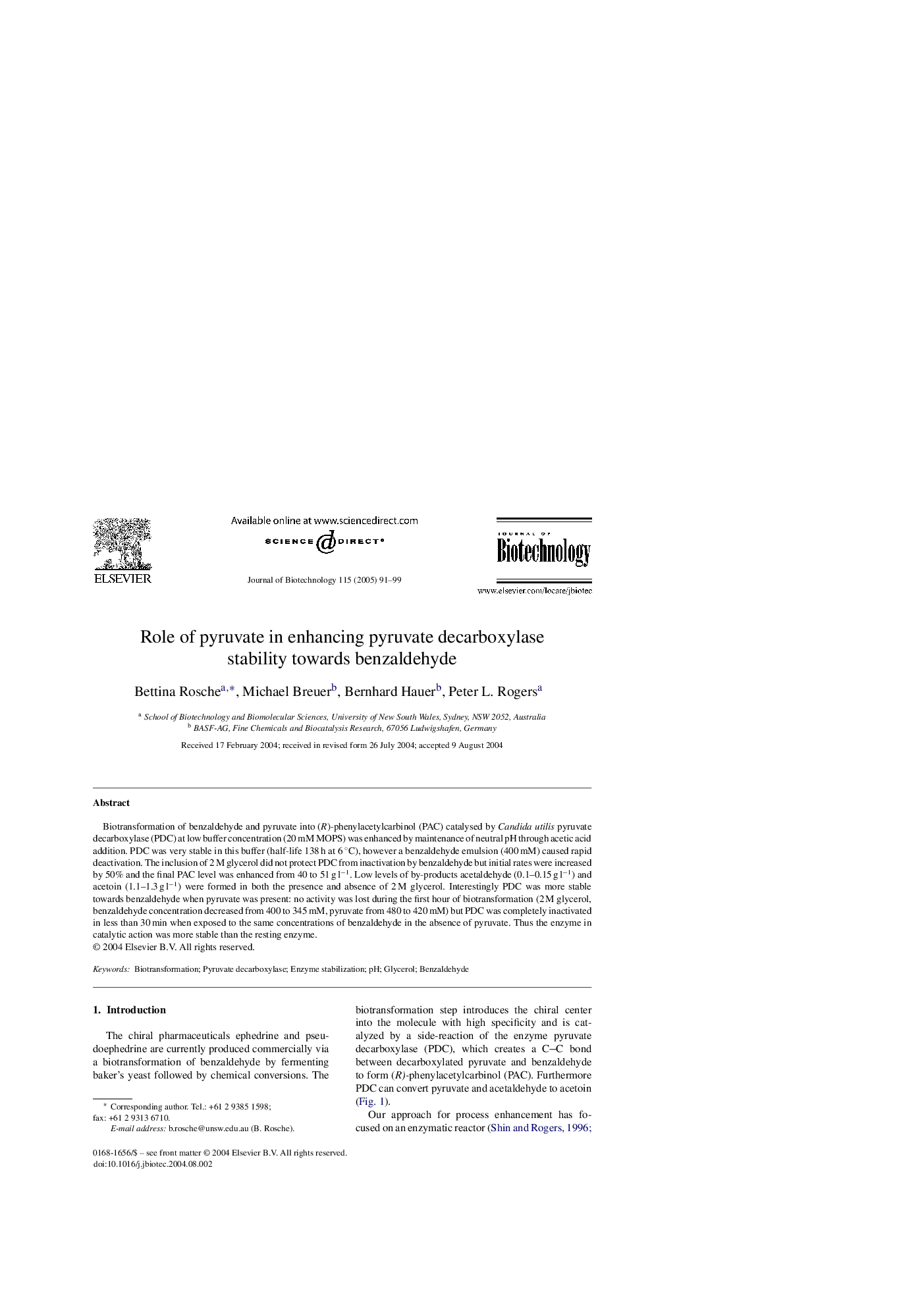 Role of pyruvate in enhancing pyruvate decarboxylase stability towards benzaldehyde