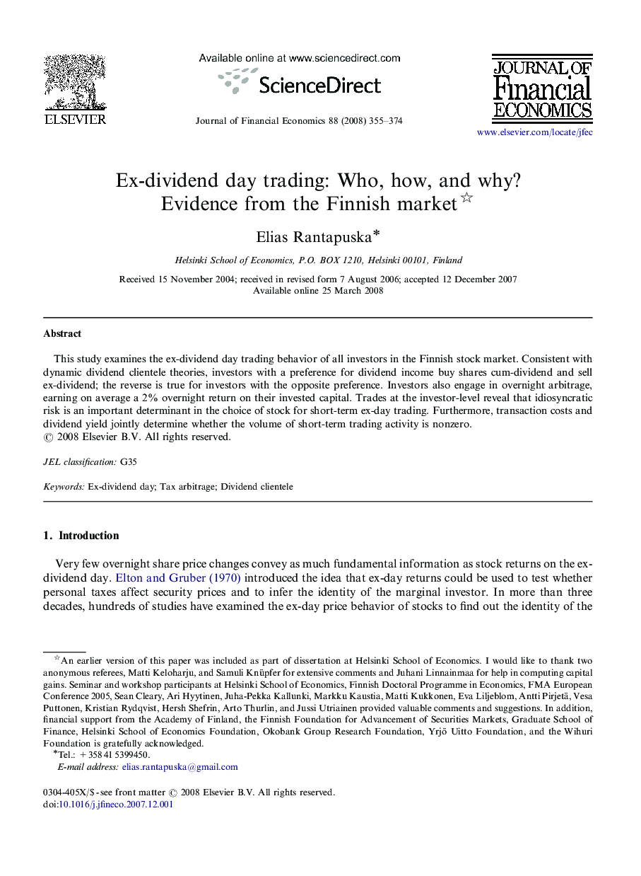 Ex-dividend day trading: Who, how, and why? : Evidence from the Finnish market