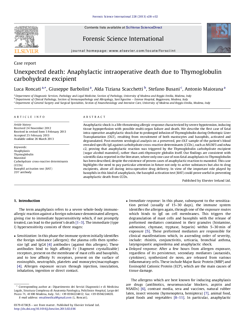 Unexpected death: Anaphylactic intraoperative death due to Thymoglobulin carbohydrate excipient