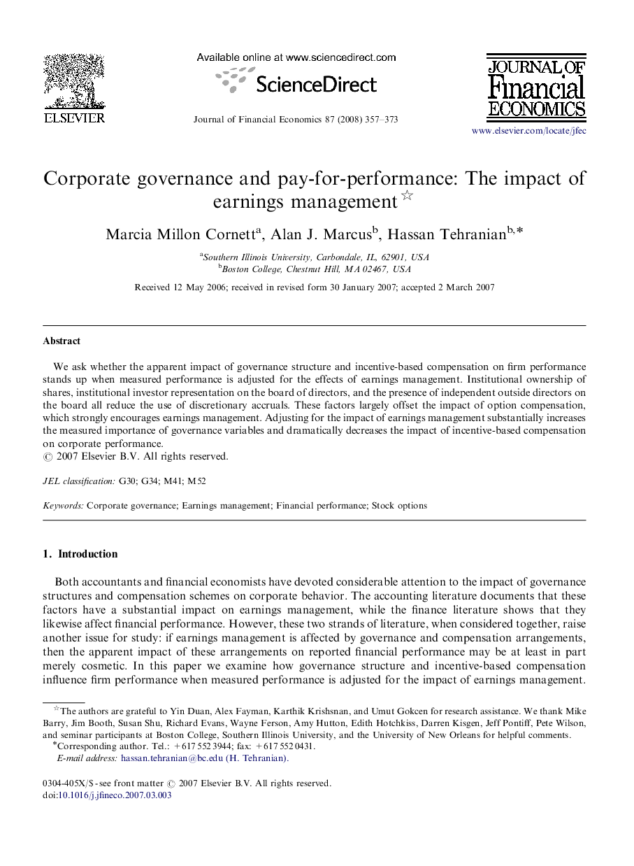 Corporate governance and pay-for-performance: The impact of earnings management 