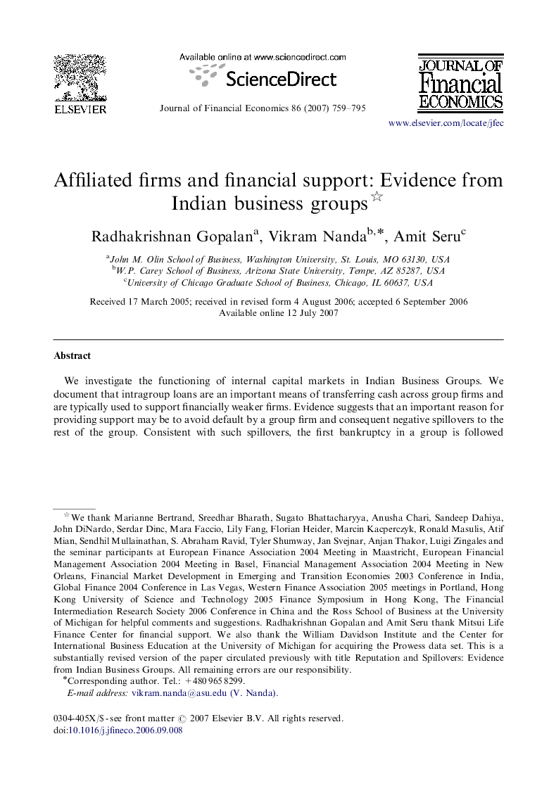 Affiliated firms and financial support: Evidence from Indian business groups 