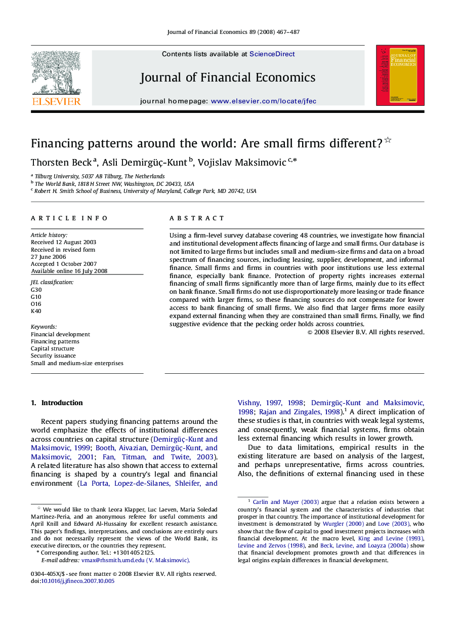 Financing patterns around the world: Are small firms different? 