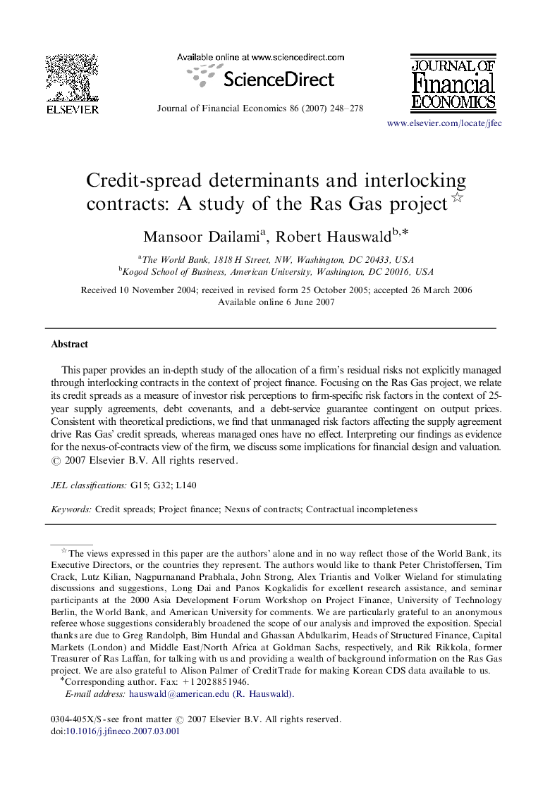 Credit-spread determinants and interlocking contracts: A study of the Ras Gas project 