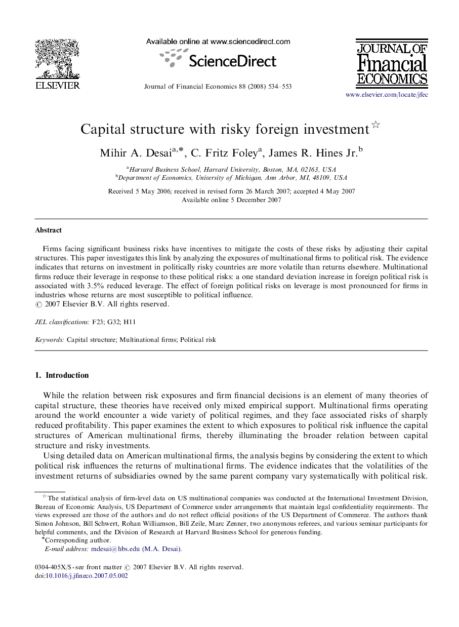 Capital structure with risky foreign investment 