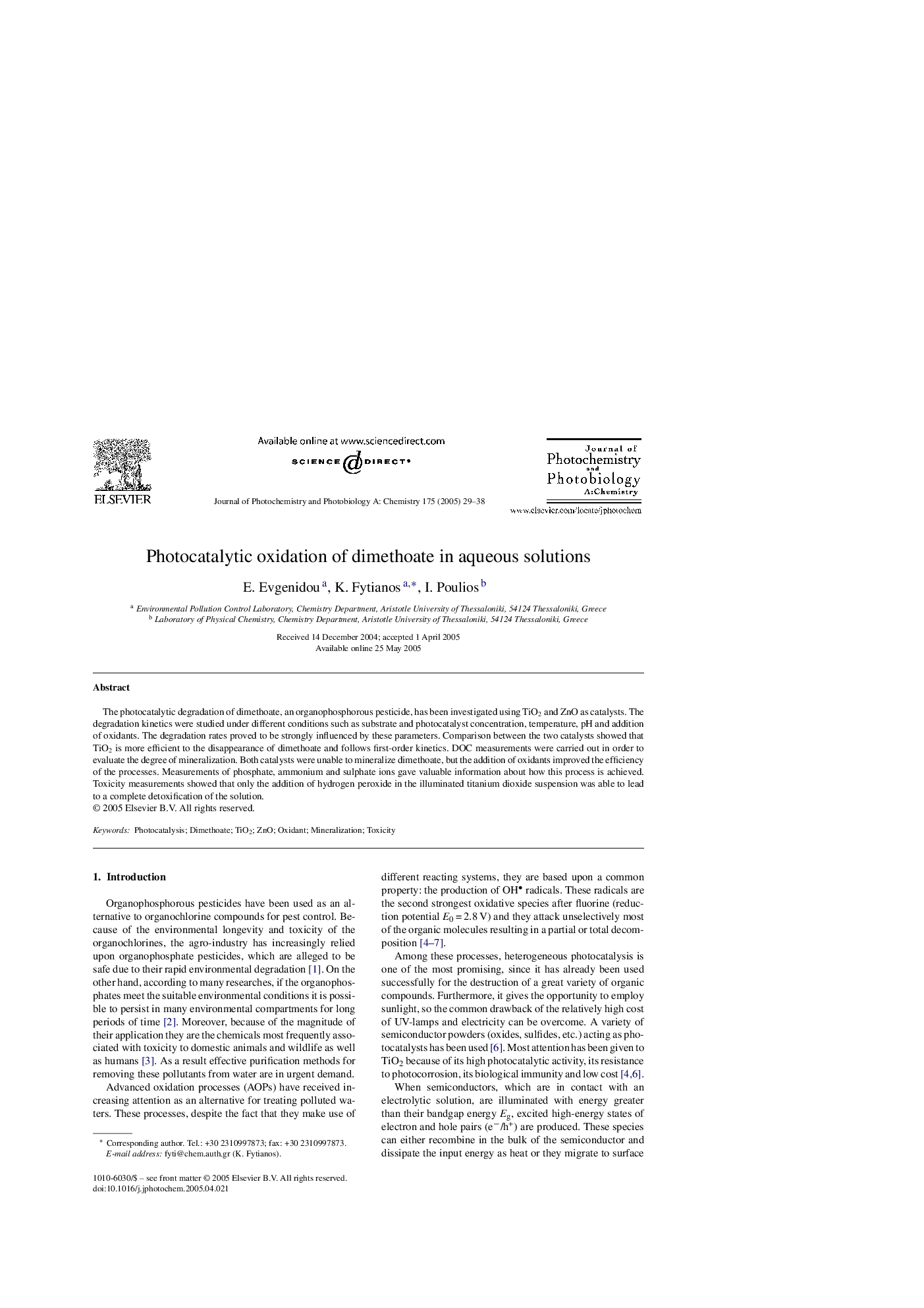 Photocatalytic oxidation of dimethoate in aqueous solutions