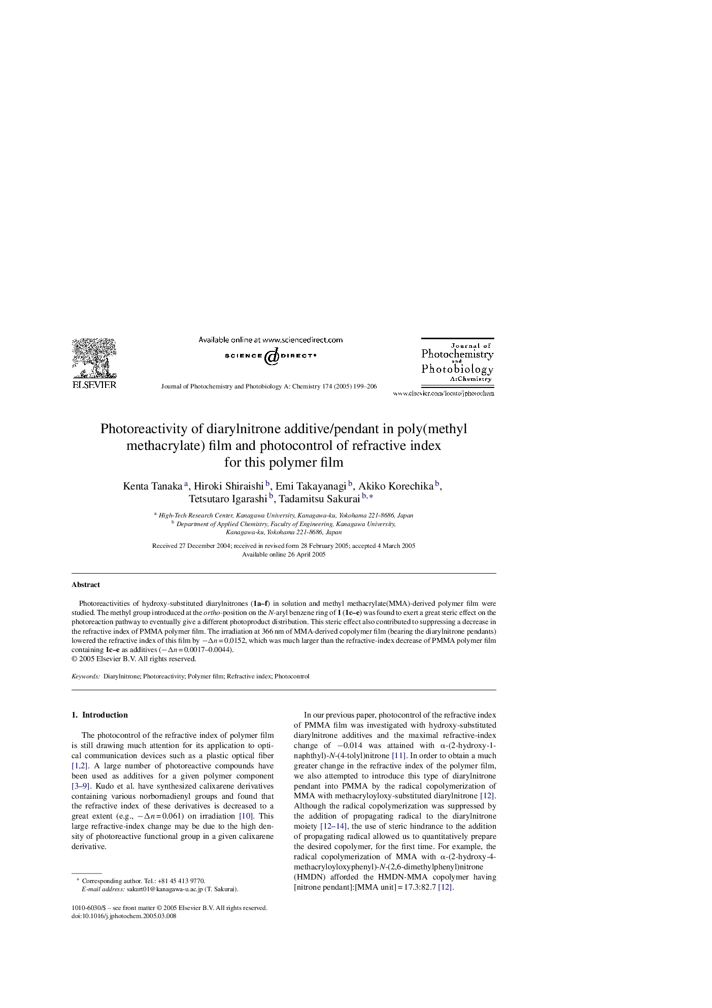 Photoreactivity of diarylnitrone additive/pendant in poly(methyl methacrylate) film and photocontrol of refractive index for this polymer film