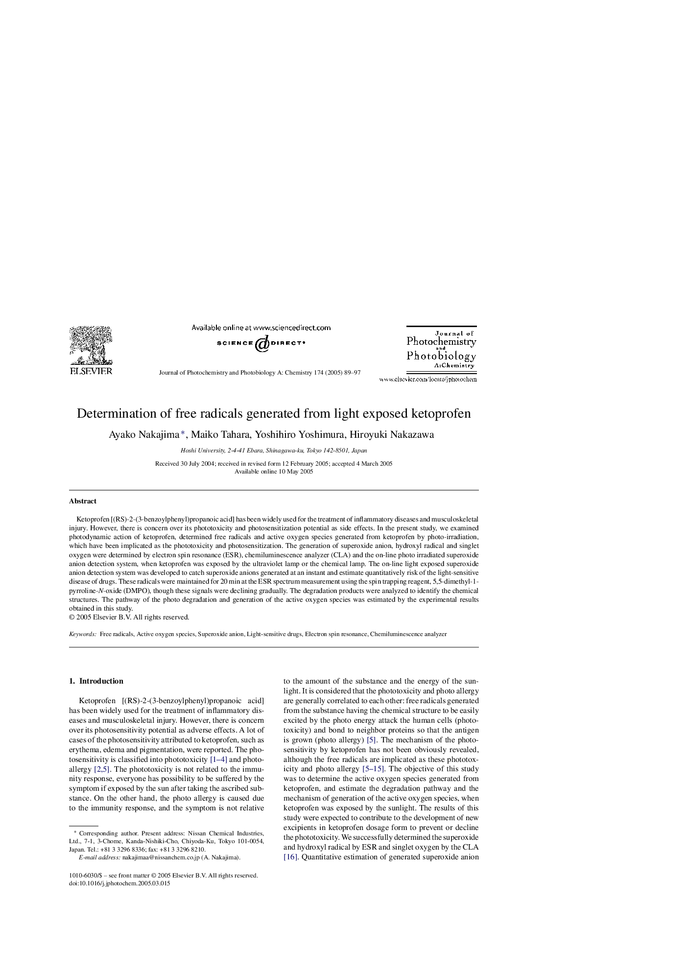 Determination of free radicals generated from light exposed ketoprofen