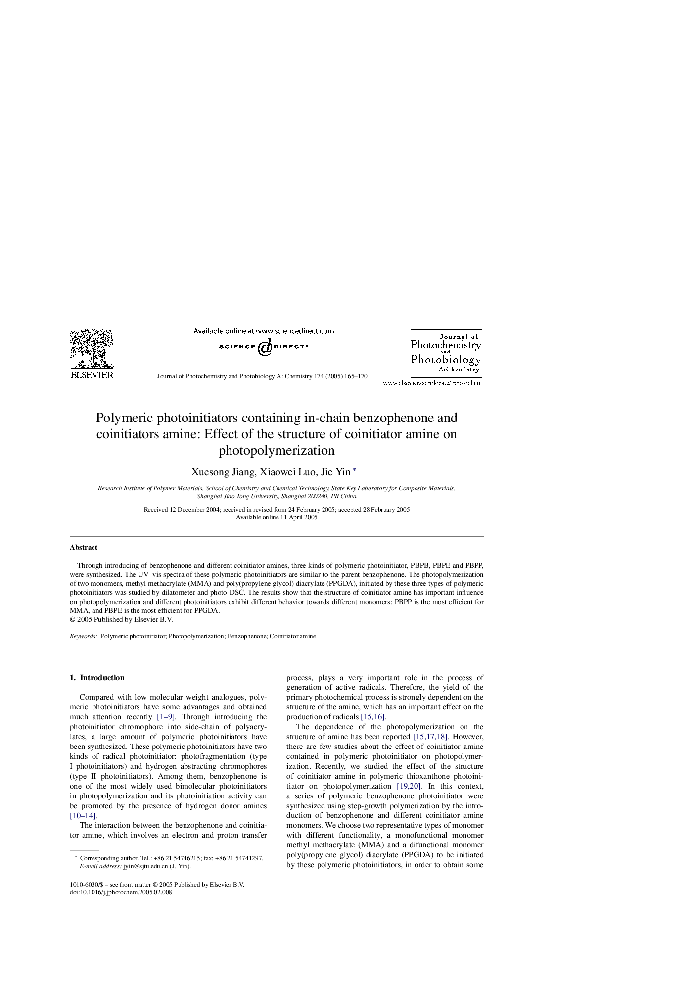 Polymeric photoinitiators containing in-chain benzophenone and coinitiators amine: Effect of the structure of coinitiator amine on photopolymerization