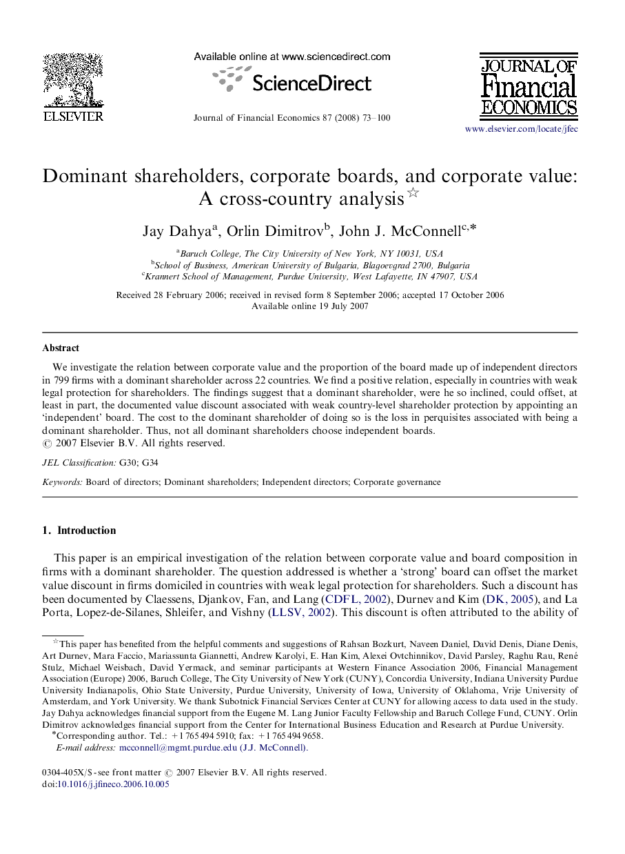 Dominant shareholders, corporate boards, and corporate value: A cross-country analysis 