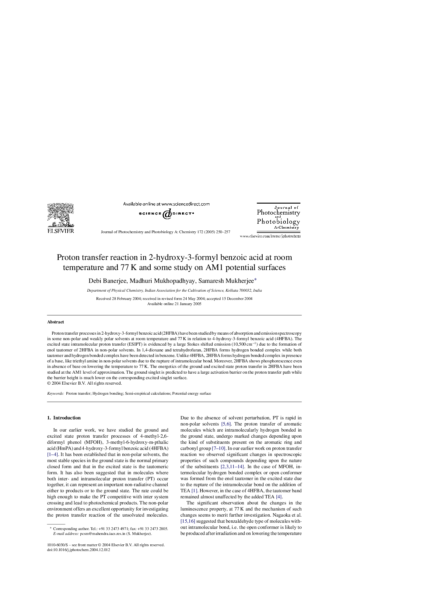 Proton transfer reaction in 2-hydroxy-3-formyl benzoic acid at room temperature and 77Â K and some study on AM1 potential surfaces