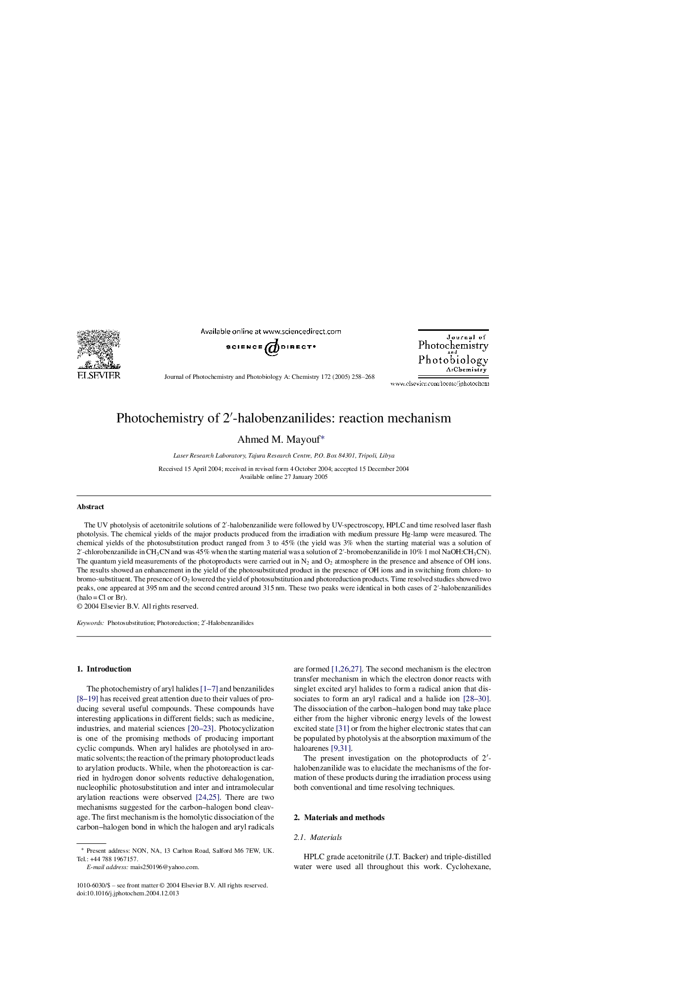 Photochemistry of 2â²-halobenzanilides: reaction mechanism