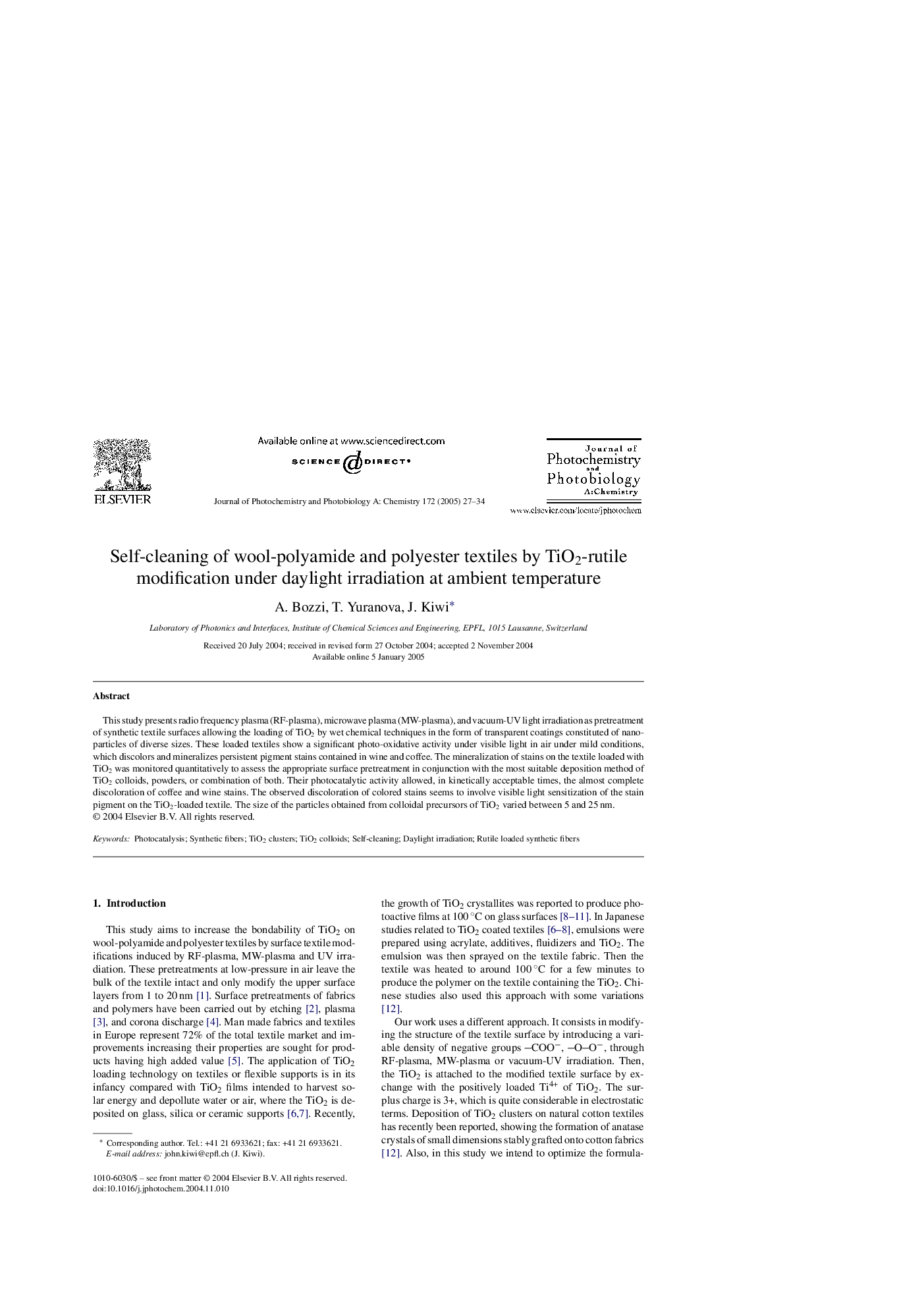 Self-cleaning of wool-polyamide and polyester textiles by TiO2-rutile modification under daylight irradiation at ambient temperature