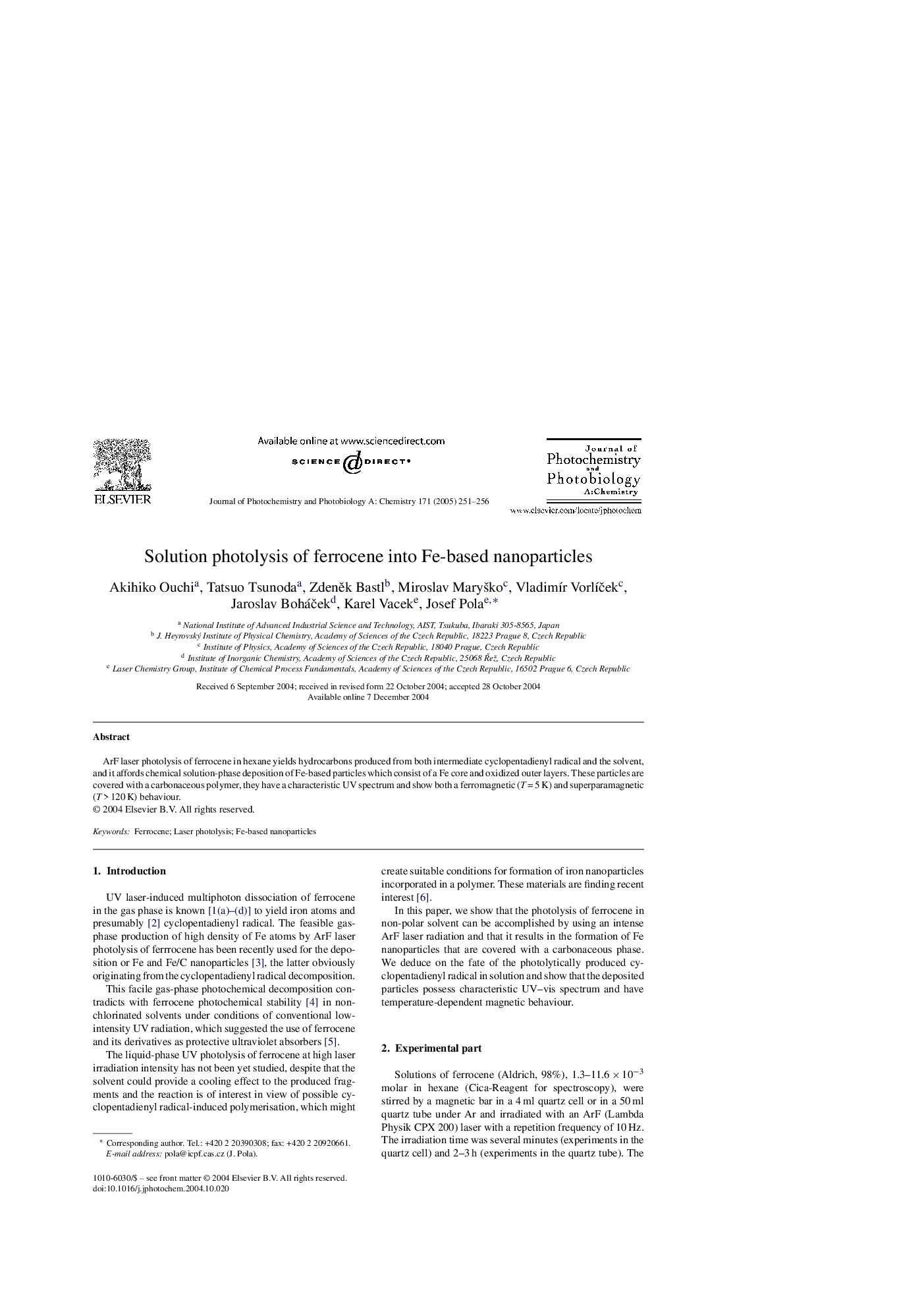 Solution photolysis of ferrocene into Fe-based nanoparticles