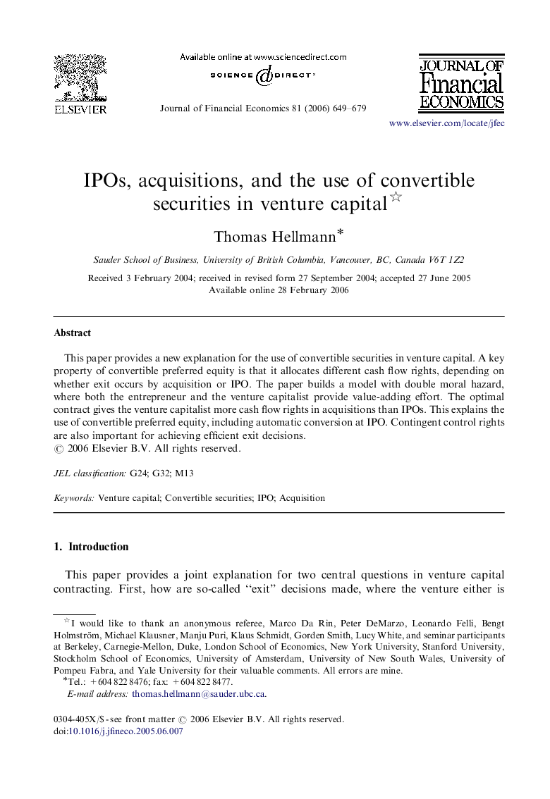 IPOs, acquisitions, and the use of convertible securities in venture capital 