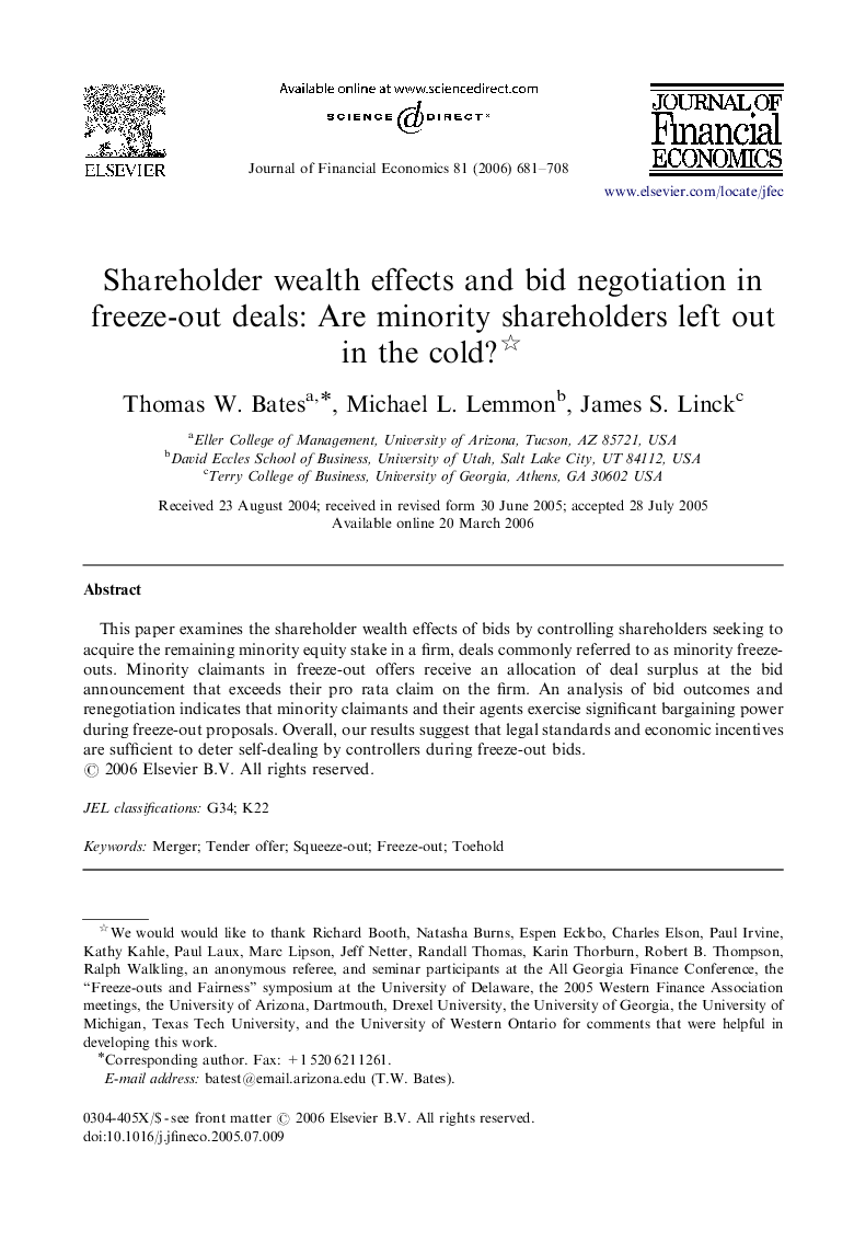 Shareholder wealth effects and bid negotiation in freeze-out deals: Are minority shareholders left out in the cold? 