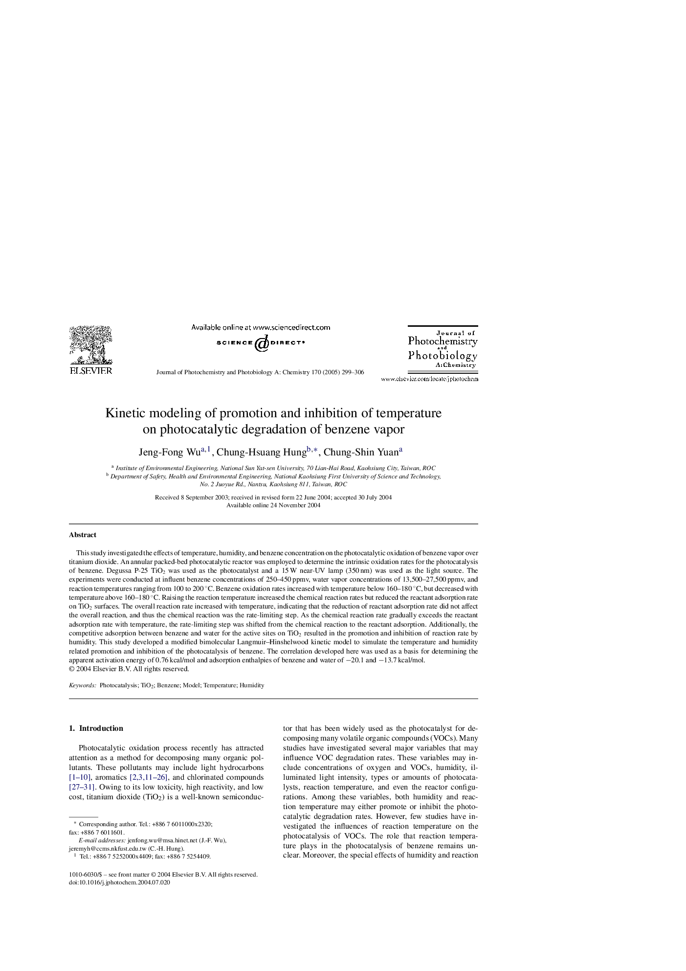 Kinetic modeling of promotion and inhibition of temperature on photocatalytic degradation of benzene vapor