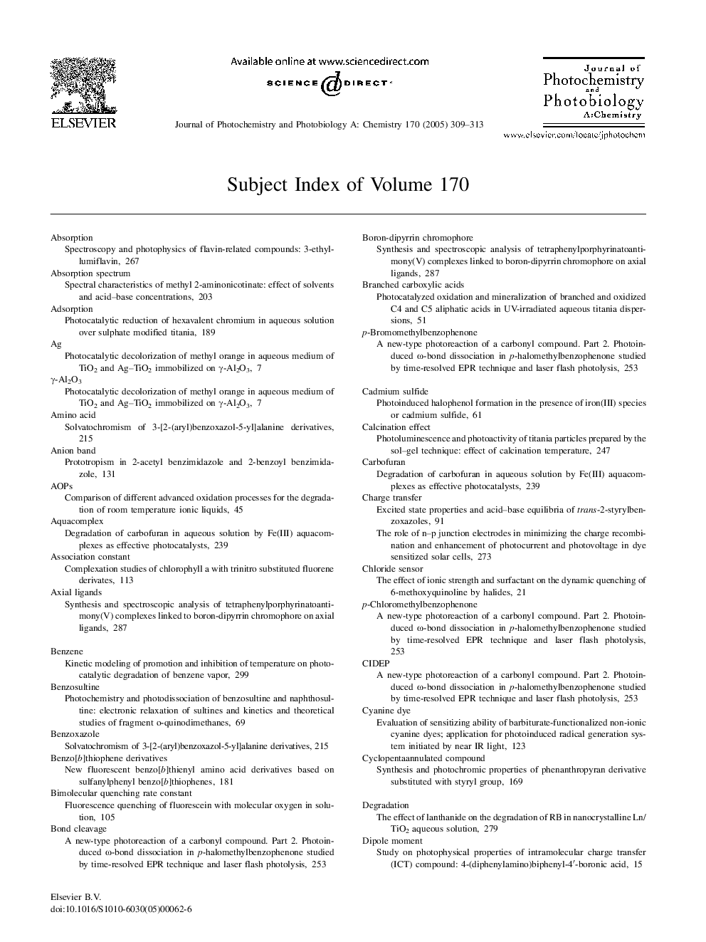 Subject Index of Volume 170