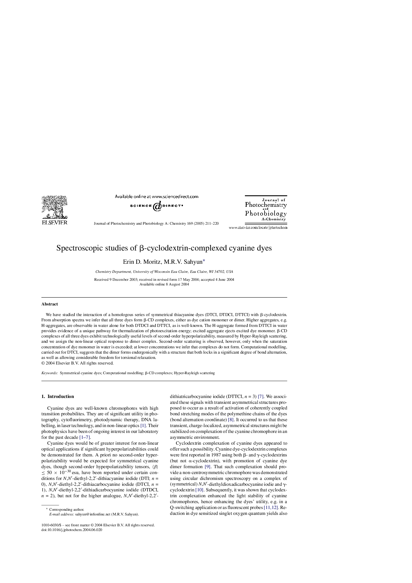 Spectroscopic studies of Î²-cyclodextrin-complexed cyanine dyes