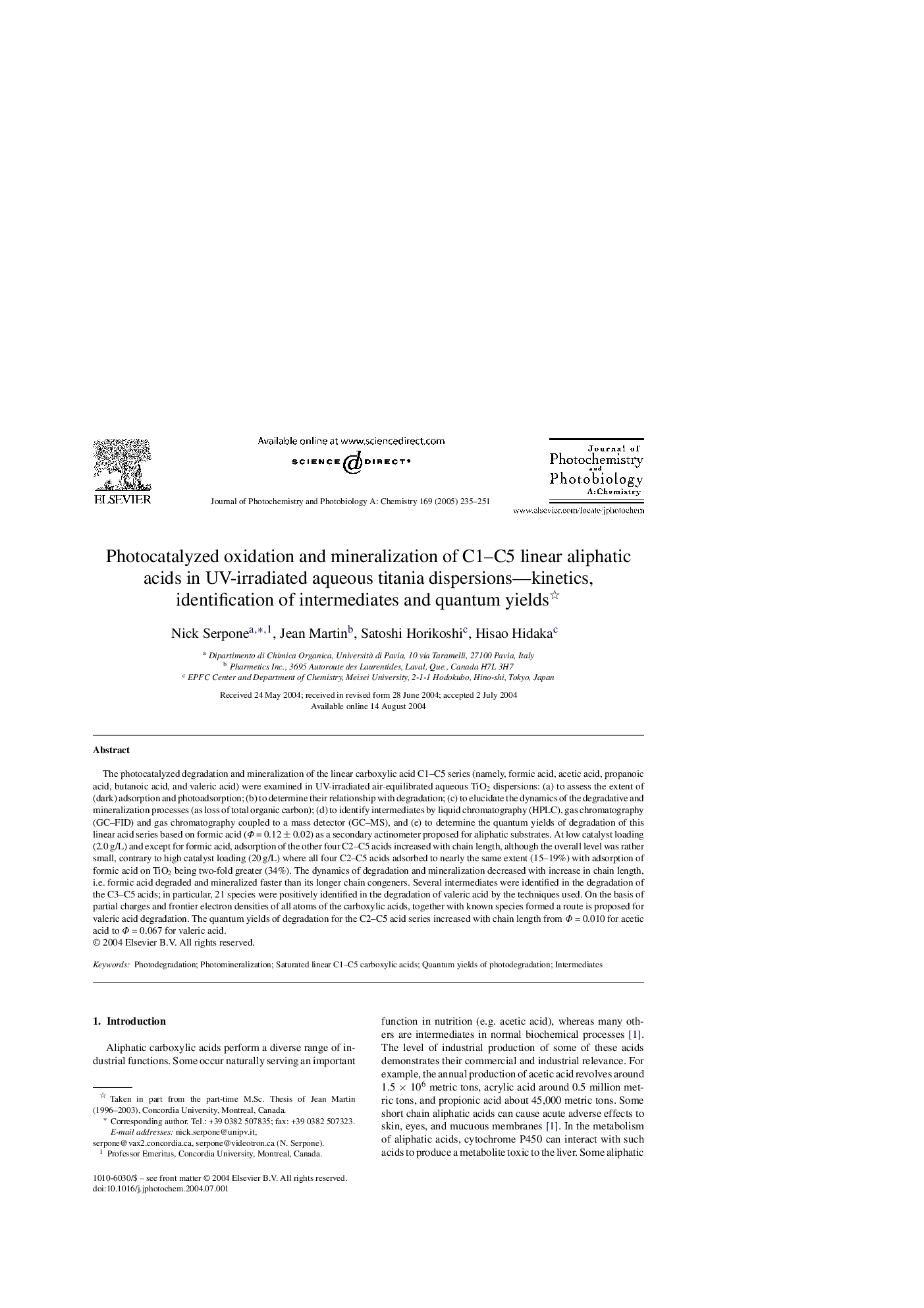 Photocatalyzed oxidation and mineralization of C1-C5 linear aliphatic acids in UV-irradiated aqueous titania dispersions-kinetics, identification of intermediates and quantum yields