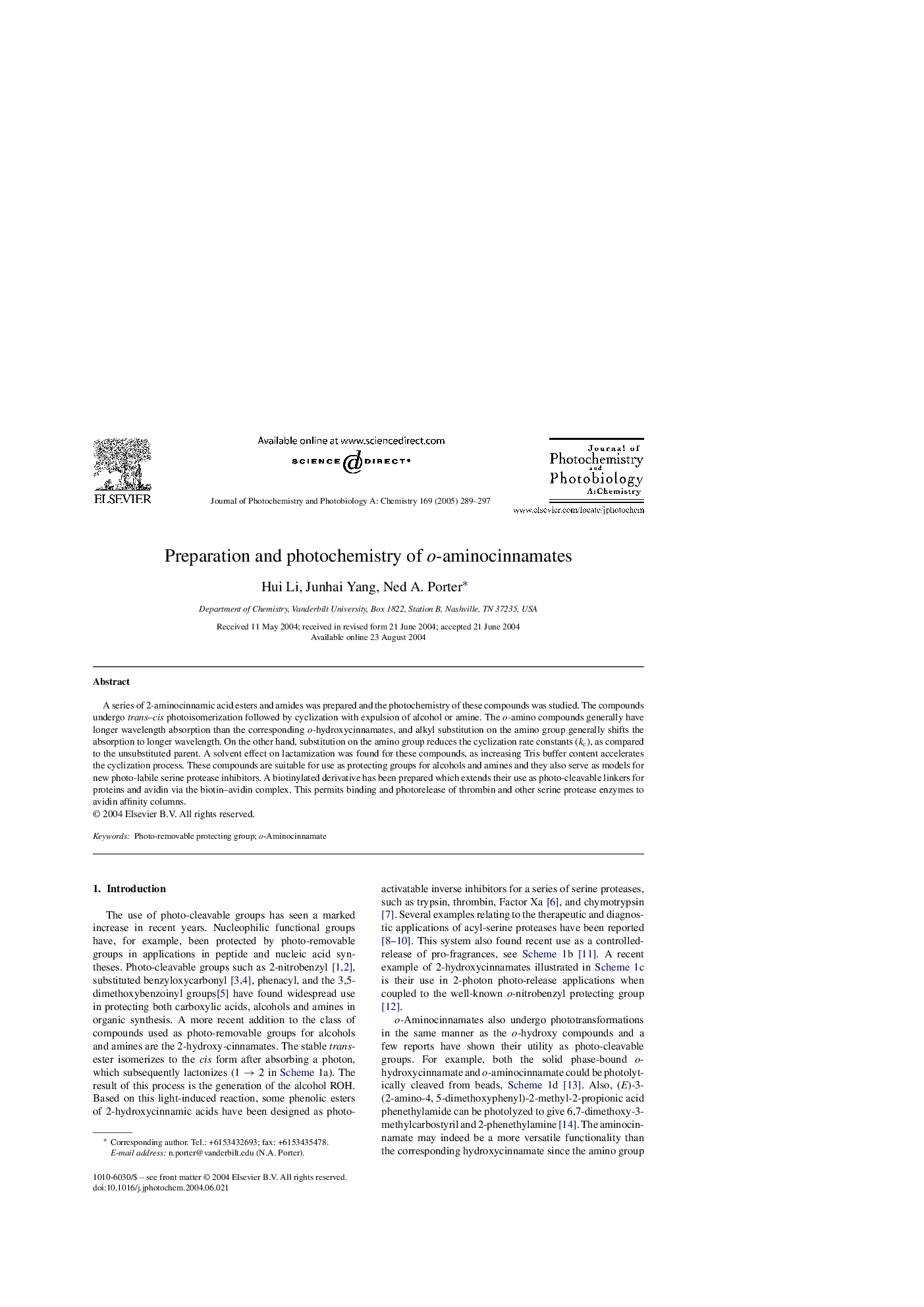 Preparation and photochemistry of o-aminocinnamates