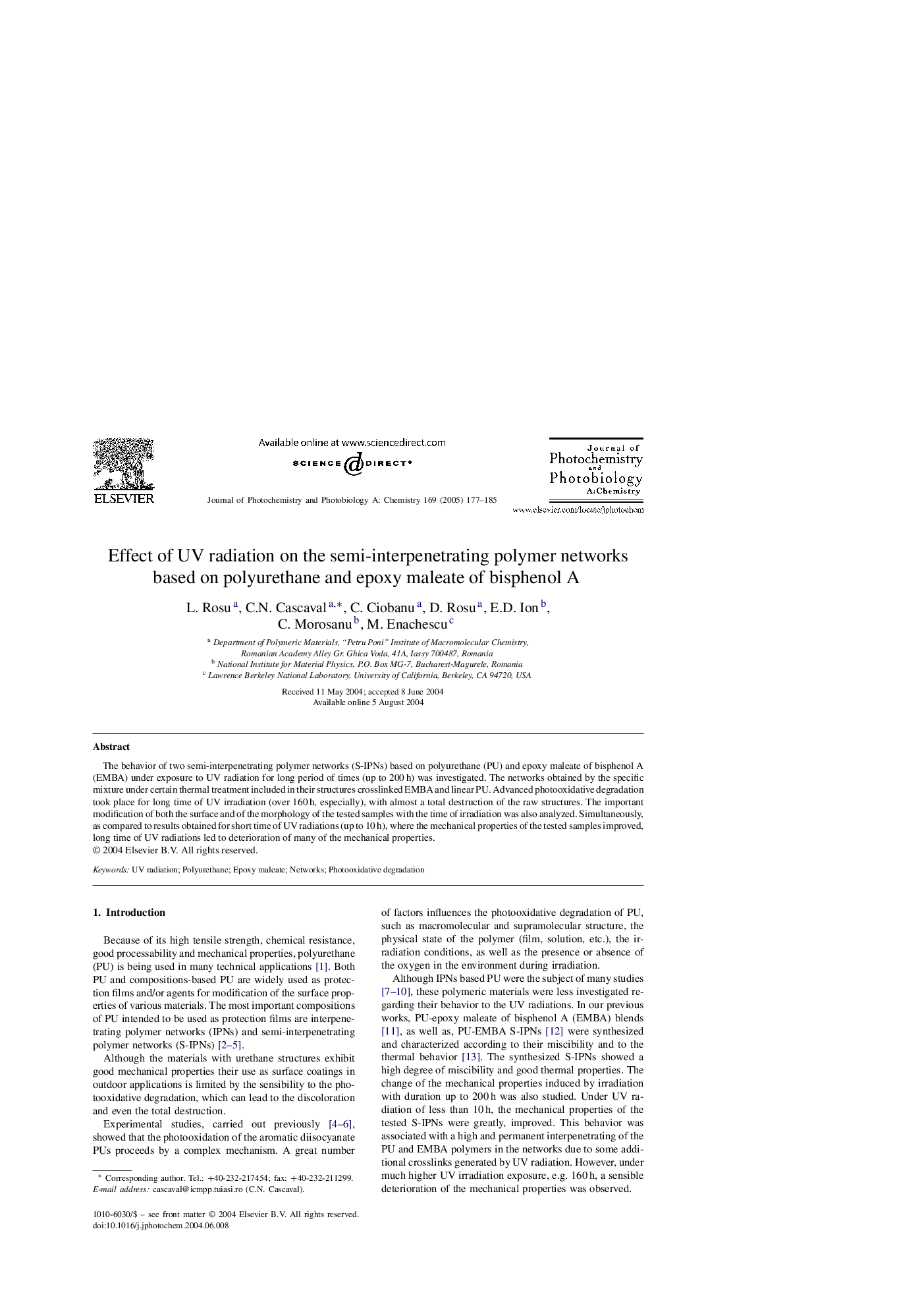 Effect of UV radiation on the semi-interpenetrating polymer networks based on polyurethane and epoxy maleate of bisphenol A