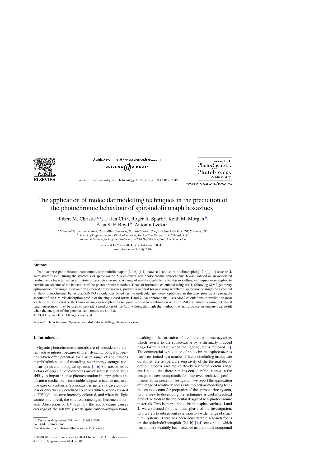 The application of molecular modelling techniques in the prediction of the photochromic behaviour of spiroindolinonaphthoxazines