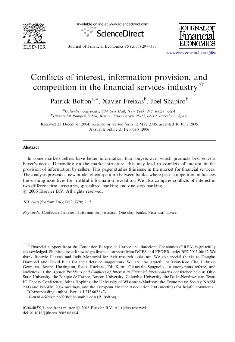 Conflicts of interest, information provision, and competition in the financial services industry 