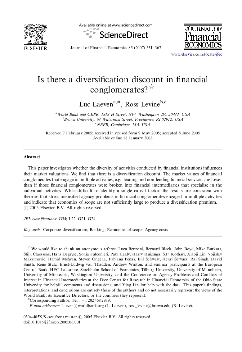 Is there a diversification discount in financial conglomerates? 