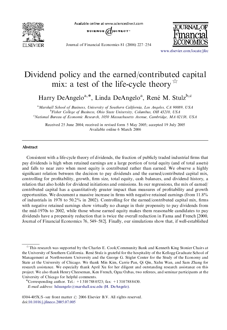 Dividend policy and the earned/contributed capital mix: a test of the life-cycle theory 