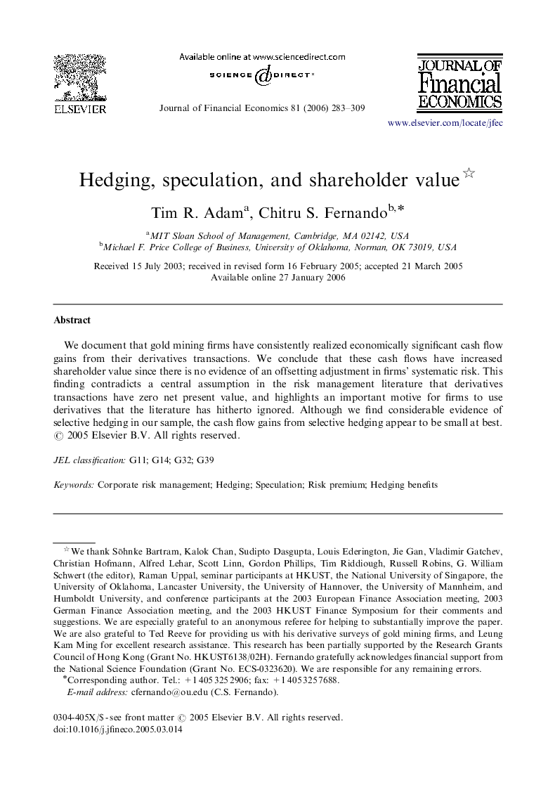 Hedging, speculation, and shareholder value 