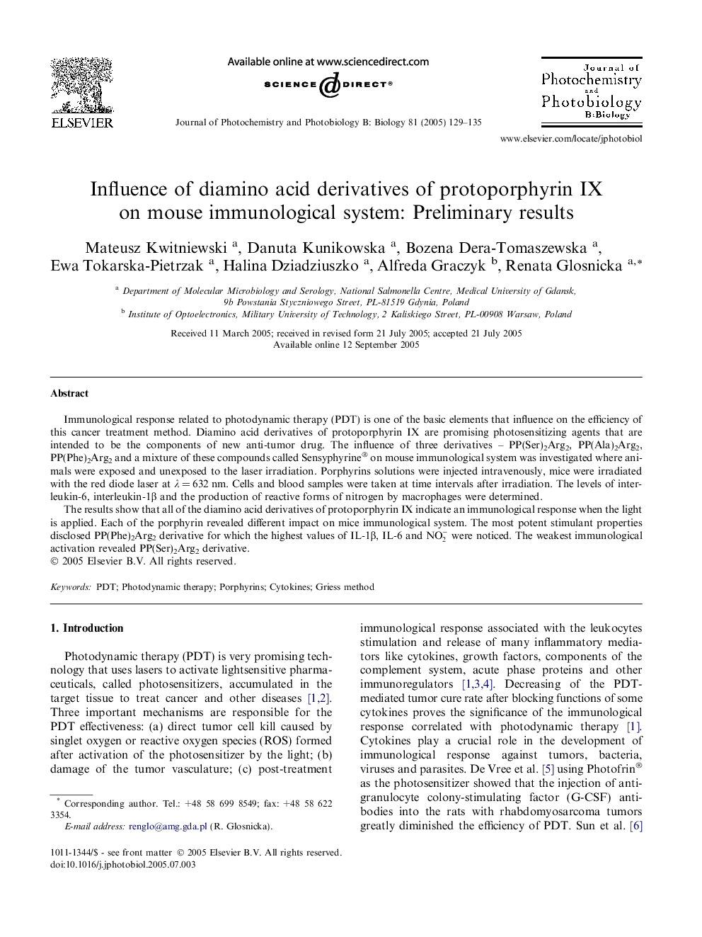 Influence of diamino acid derivatives of protoporphyrin IX on mouse immunological system: Preliminary results