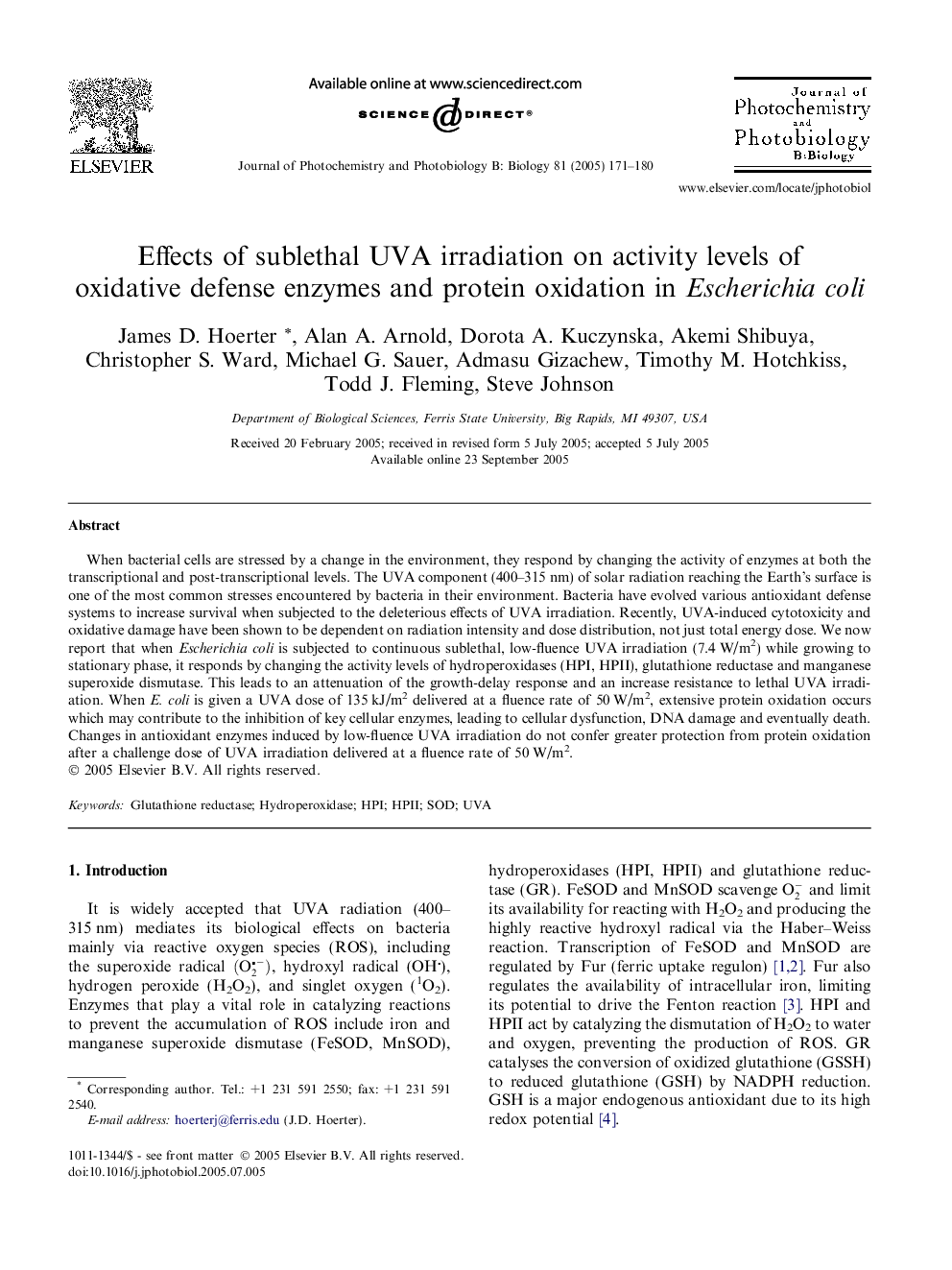 Effects of sublethal UVA irradiation on activity levels of oxidative defense enzymes and protein oxidation in Escherichia coli