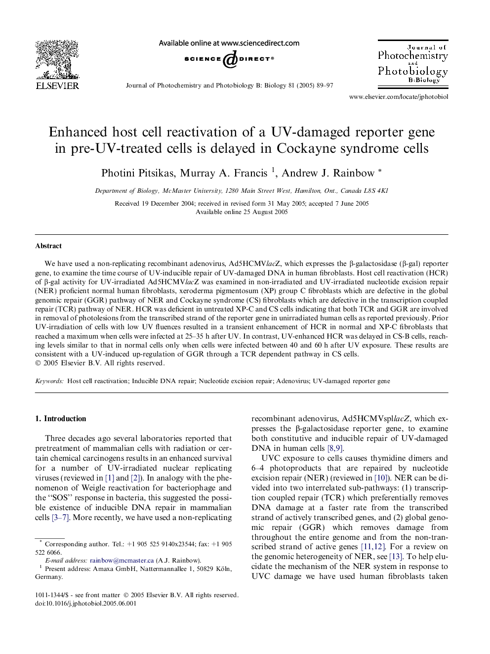 Enhanced host cell reactivation of a UV-damaged reporter gene in pre-UV-treated cells is delayed in Cockayne syndrome cells