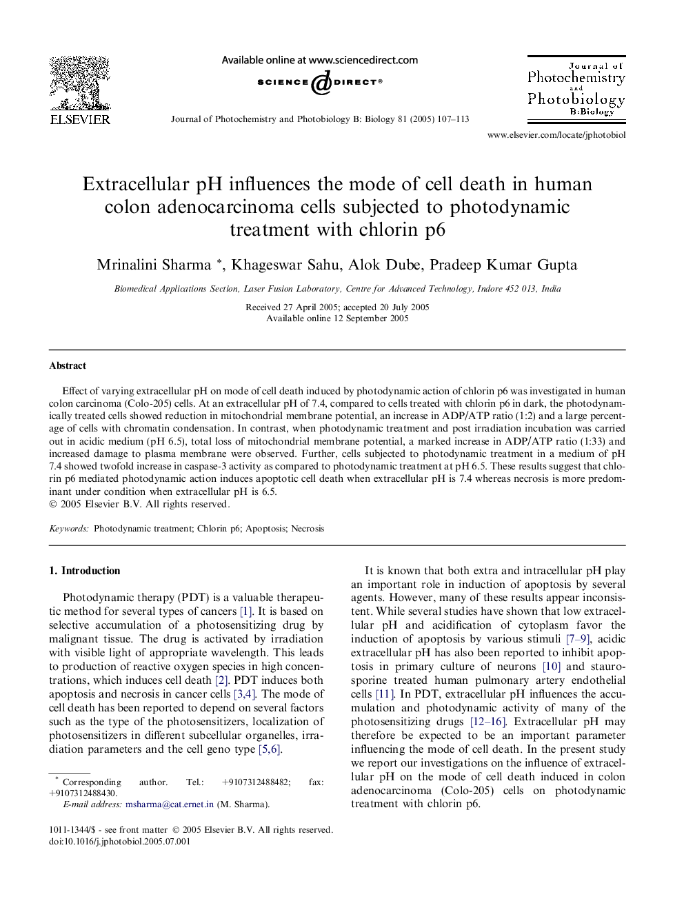 Extracellular pH influences the mode of cell death in human colon adenocarcinoma cells subjected to photodynamic treatment with chlorin p6