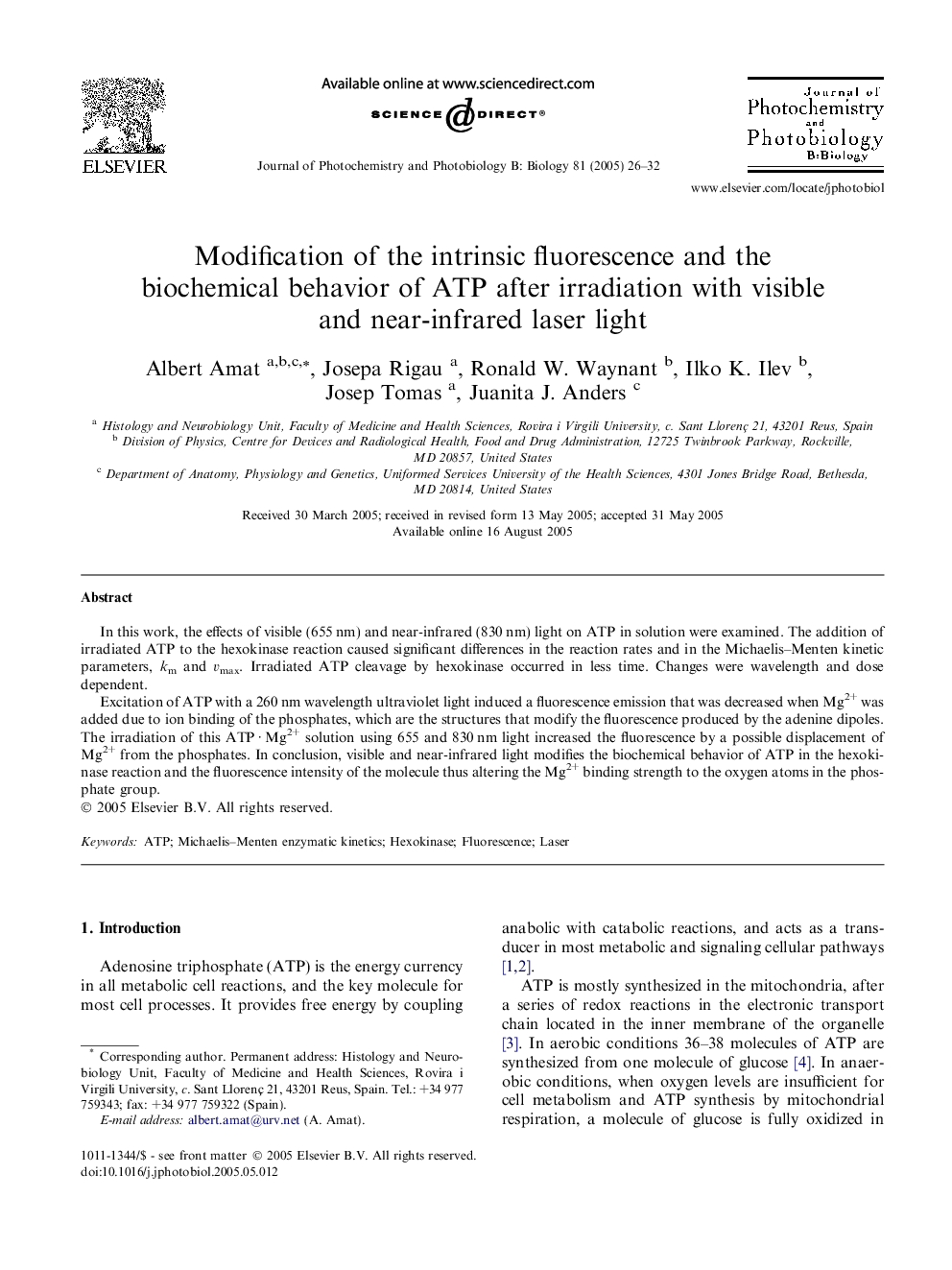 Modification of the intrinsic fluorescence and the biochemical behavior of ATP after irradiation with visible and near-infrared laser light